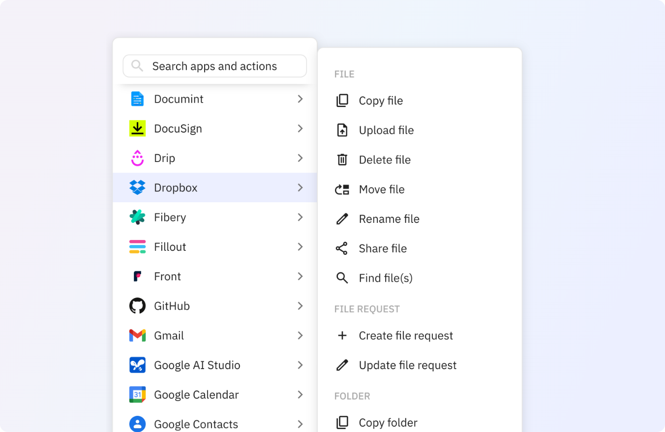Preview of Use any of these Dropbox actions in your Relay.app workflows