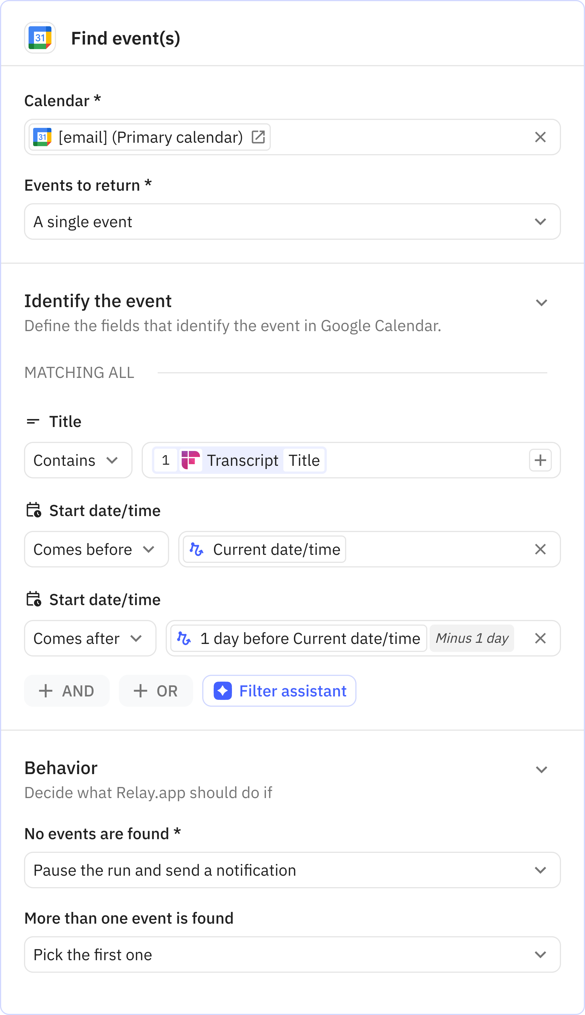Relay.app screenshot of: Find event(s)