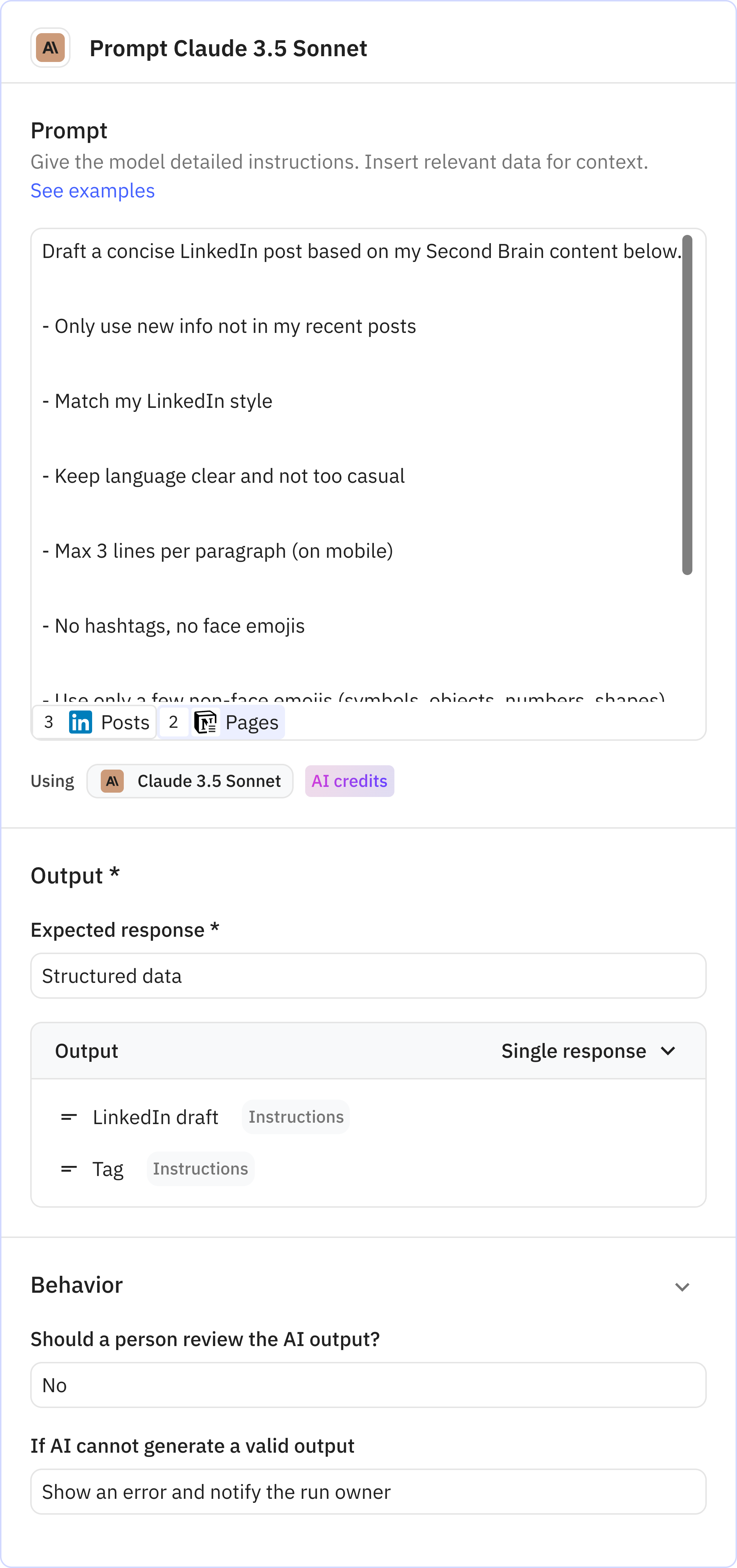 Relay.app screenshot of: Prompt Claude 3.5 Sonnet