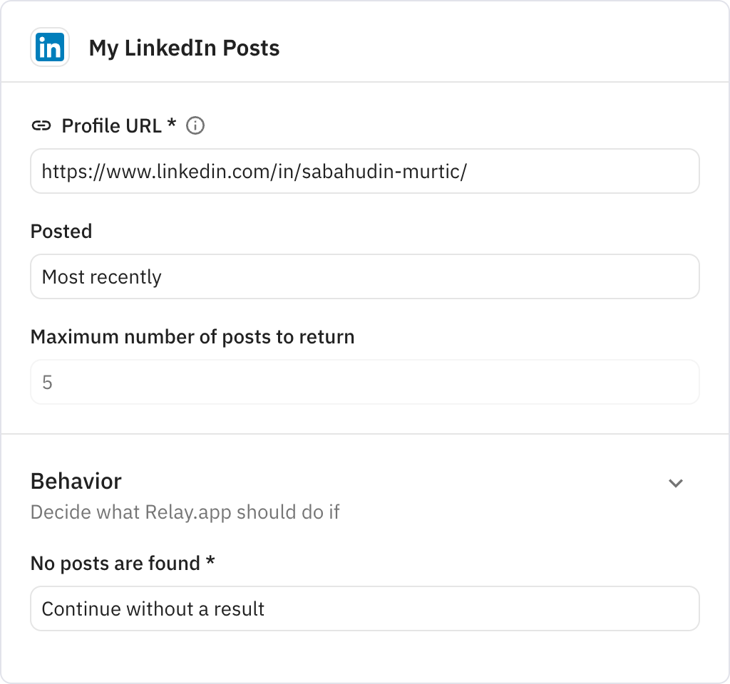 Relay.app screenshot of: My LinkedIn Posts