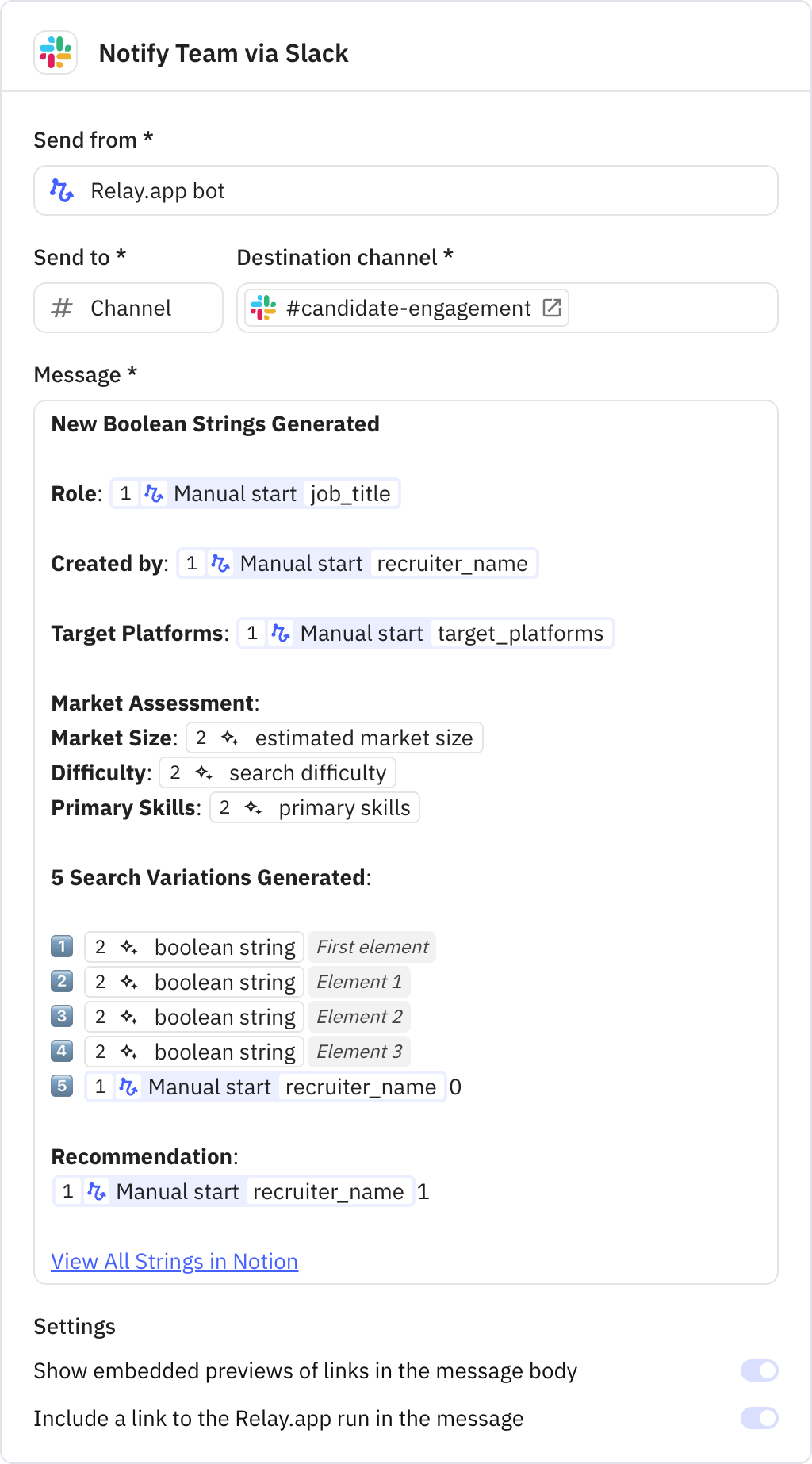 Relay.app screenshot of: Notify Team via Slack