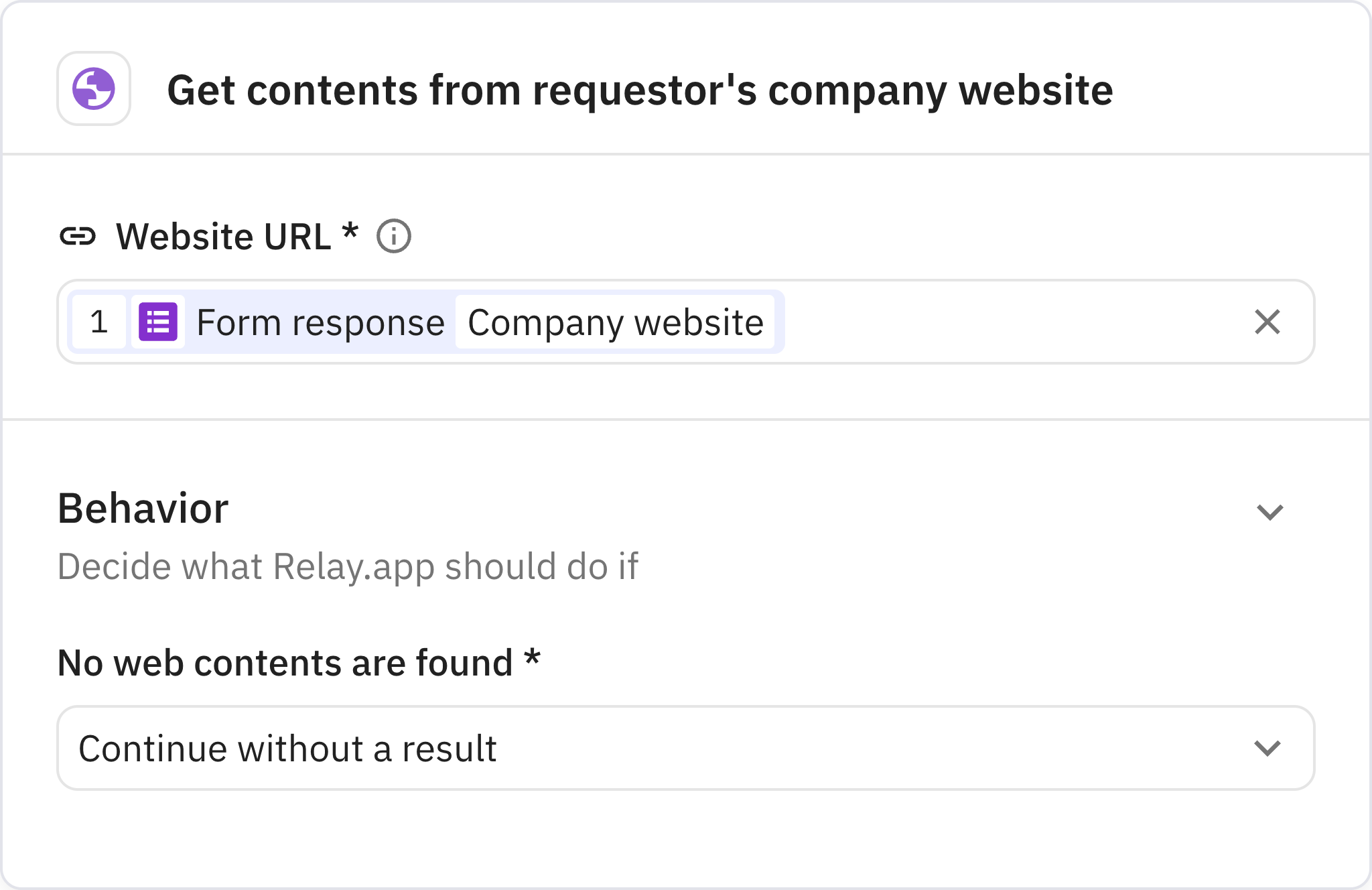 Relay.app screenshot of: Get contents from requestor's company website