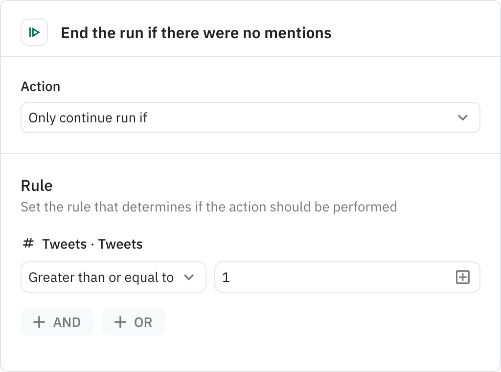 Relay.app screenshot of: End the run if there were no mentions