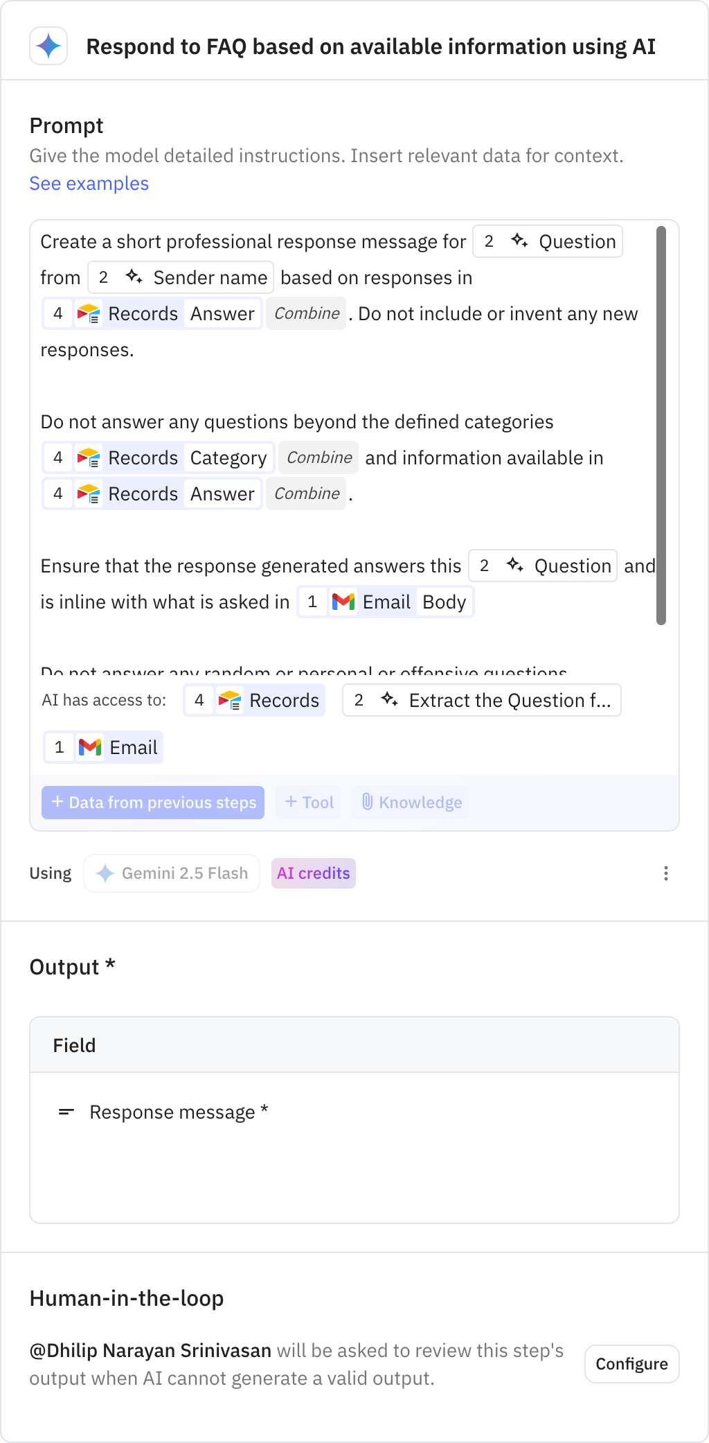 Relay.app screenshot of: Respond to FAQ based on available information using AI