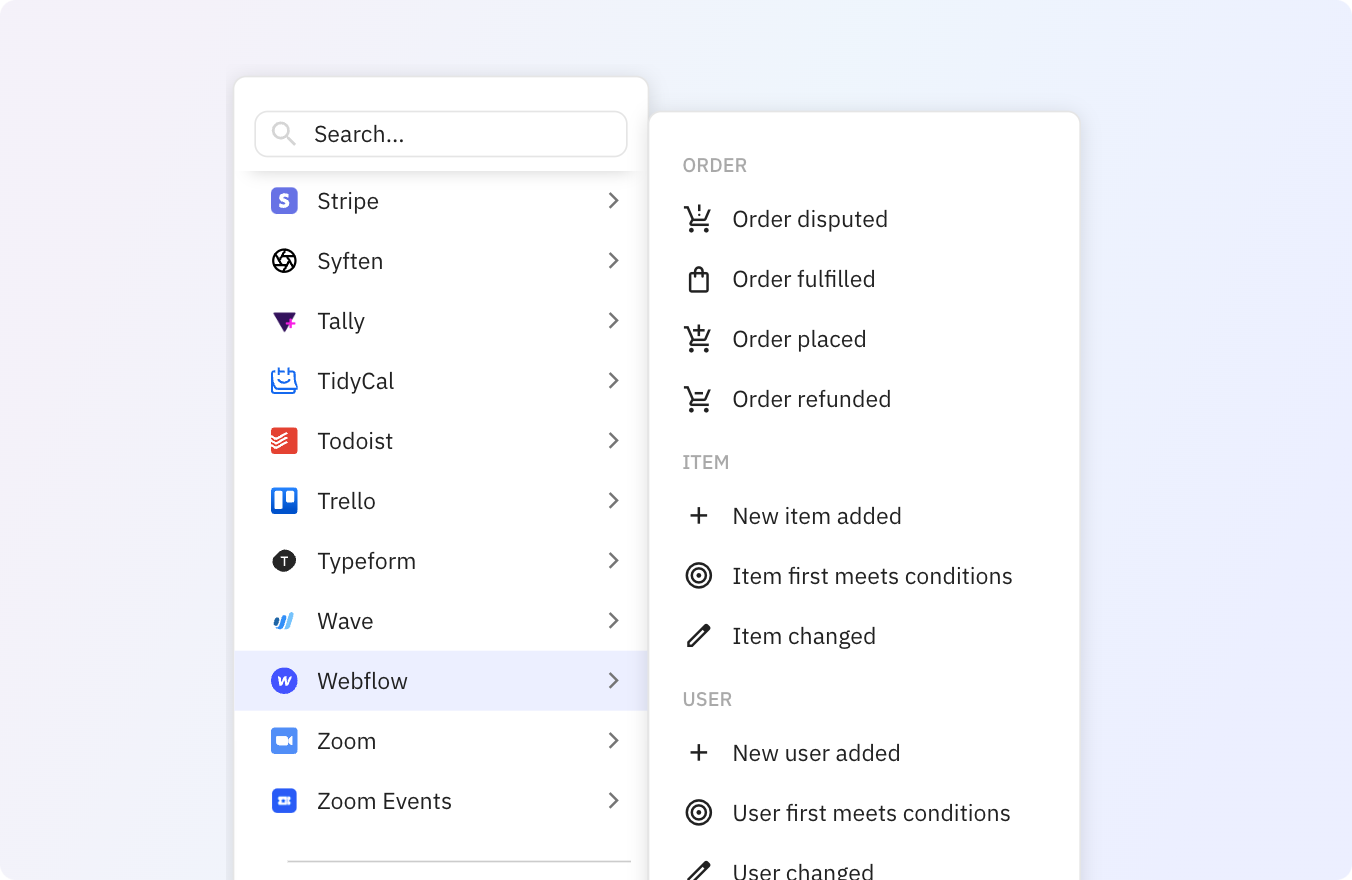 Preview of Trigger actions in your other apps based on changes in Webflow