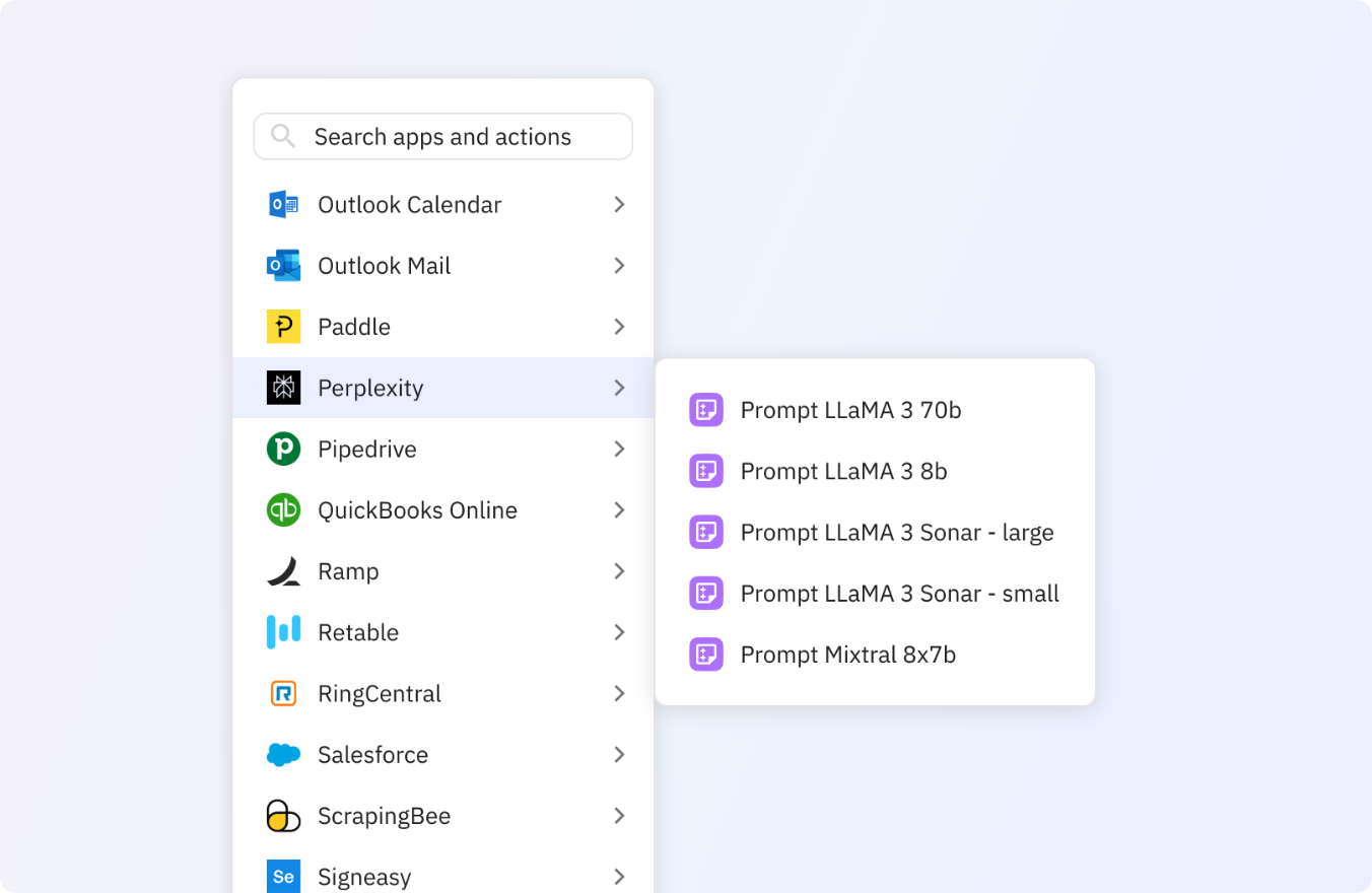 Preview of Use any of these Perplexity actions in your Relay.app workflows.