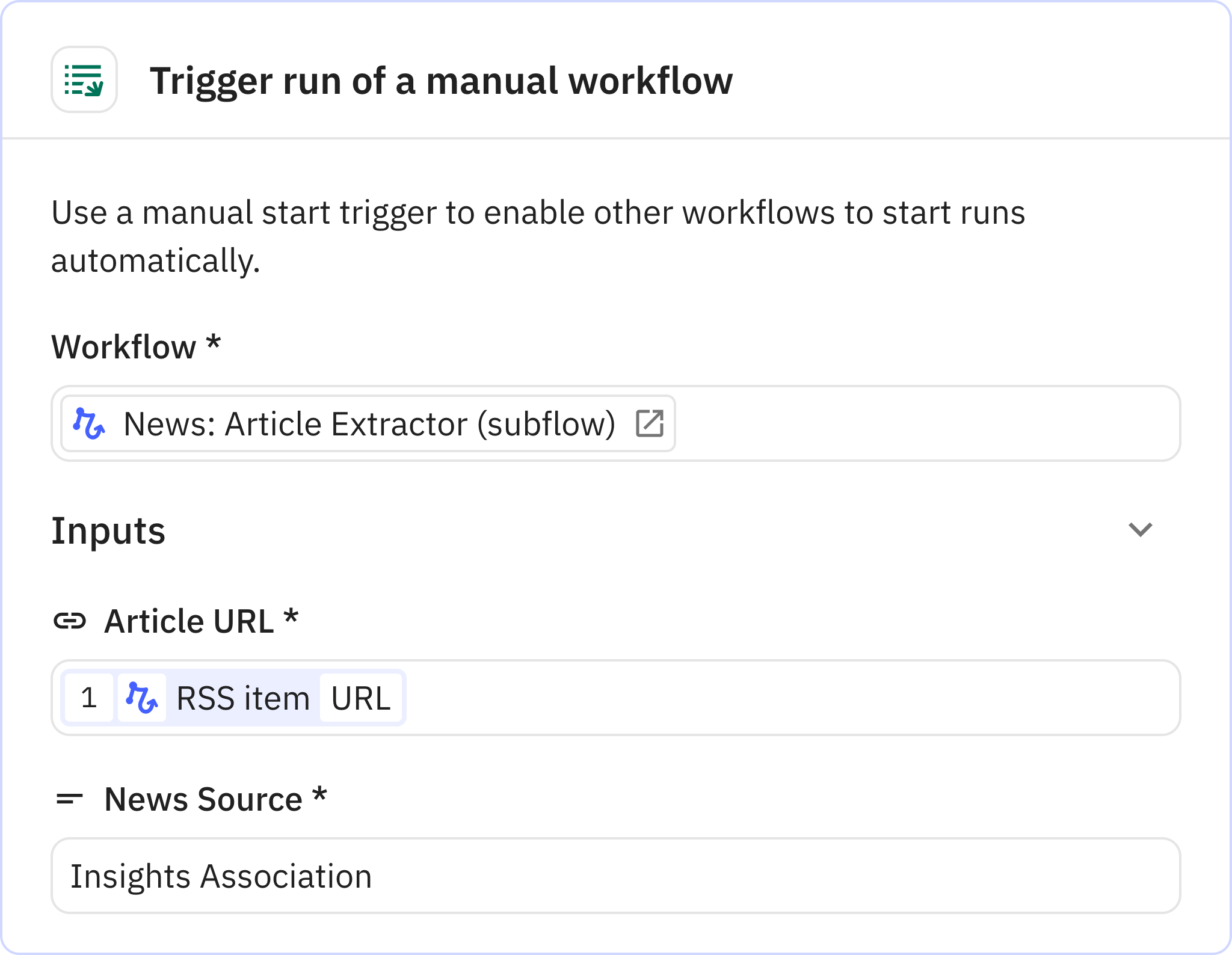 Relay.app screenshot of: Trigger run of a manual workflow