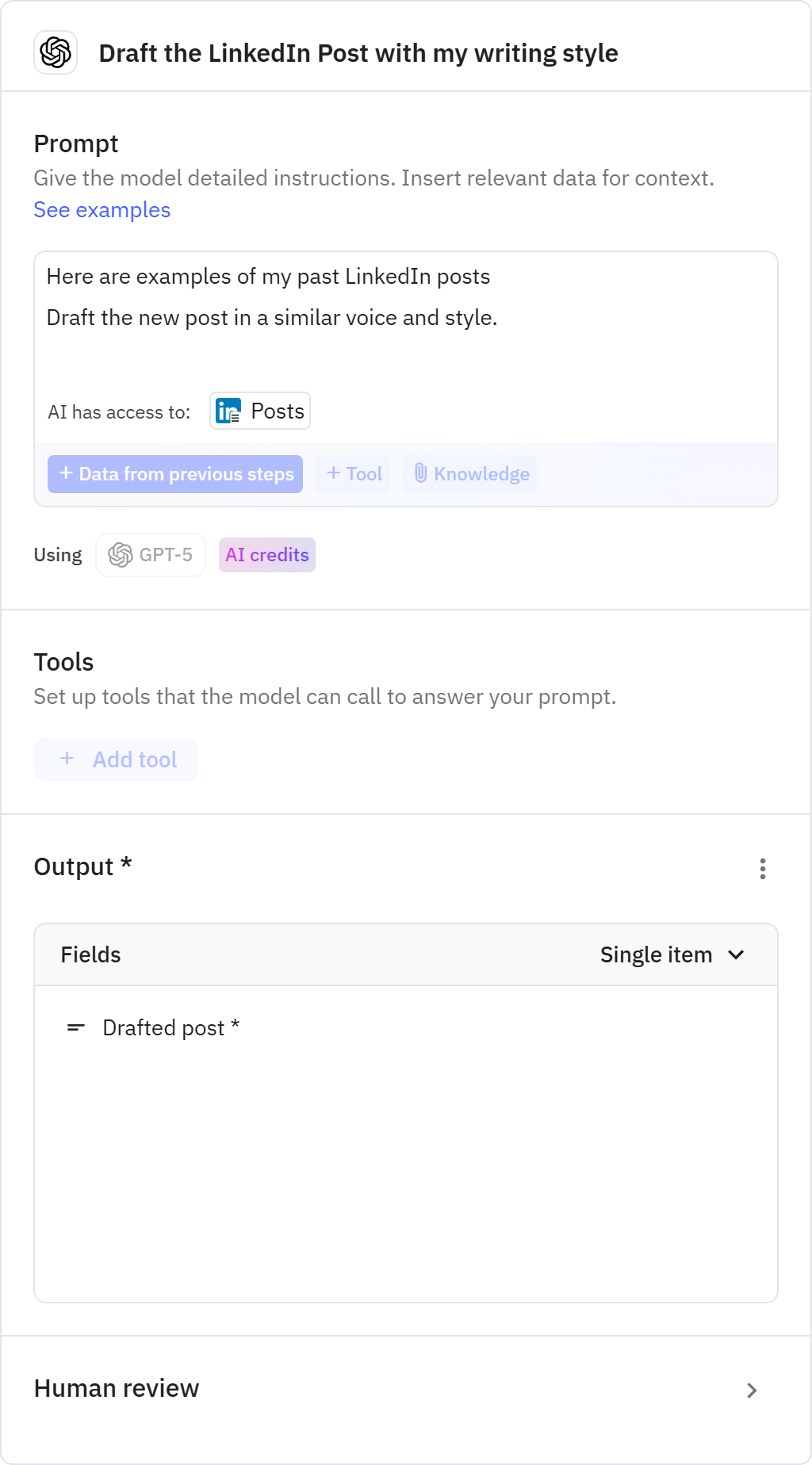 Relay.app screenshot of: Draft the LinkedIn Post with my writing style
