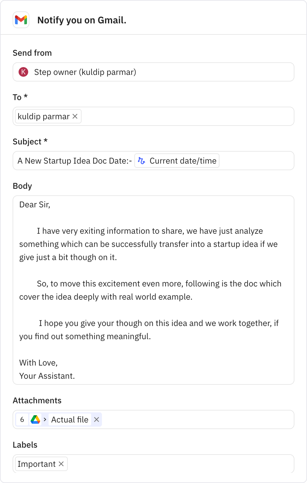 Relay.app screenshot of: Notify you on Gmail.