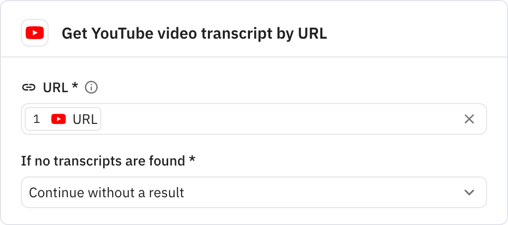 Relay.app screenshot of: Get YouTube video transcript by URL