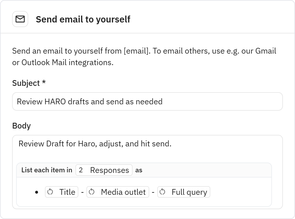 Relay.app screenshot of: Send email to yourself