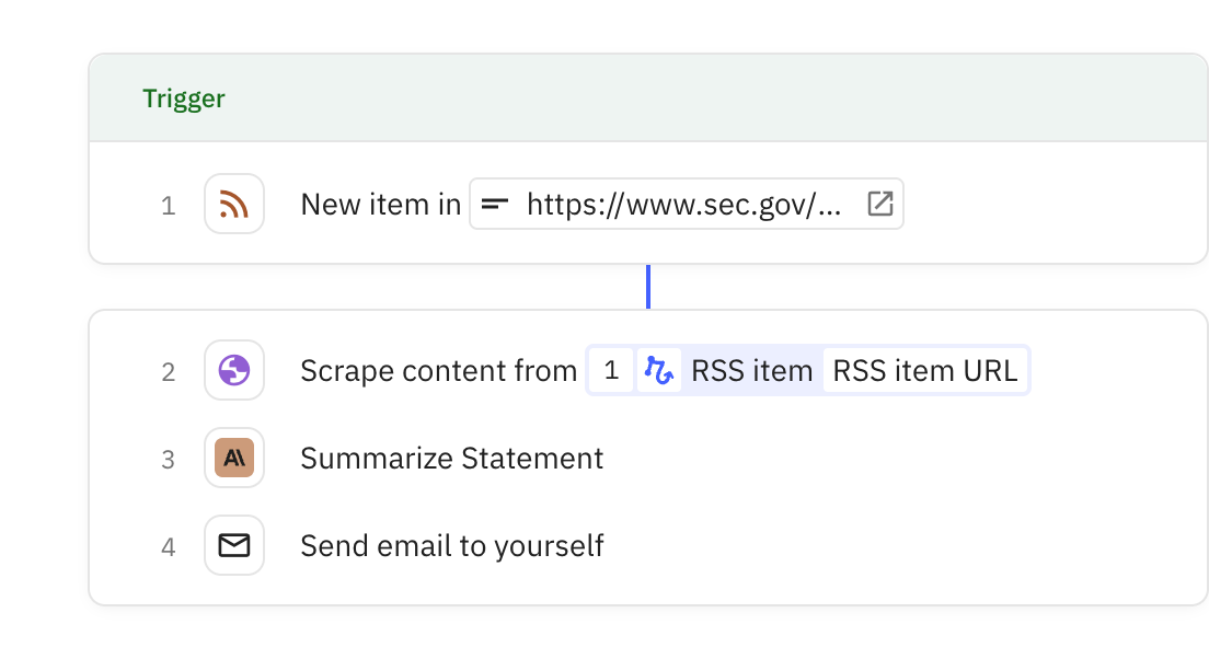 Relay.app workflow screenshot: SEC RSS Analyzer