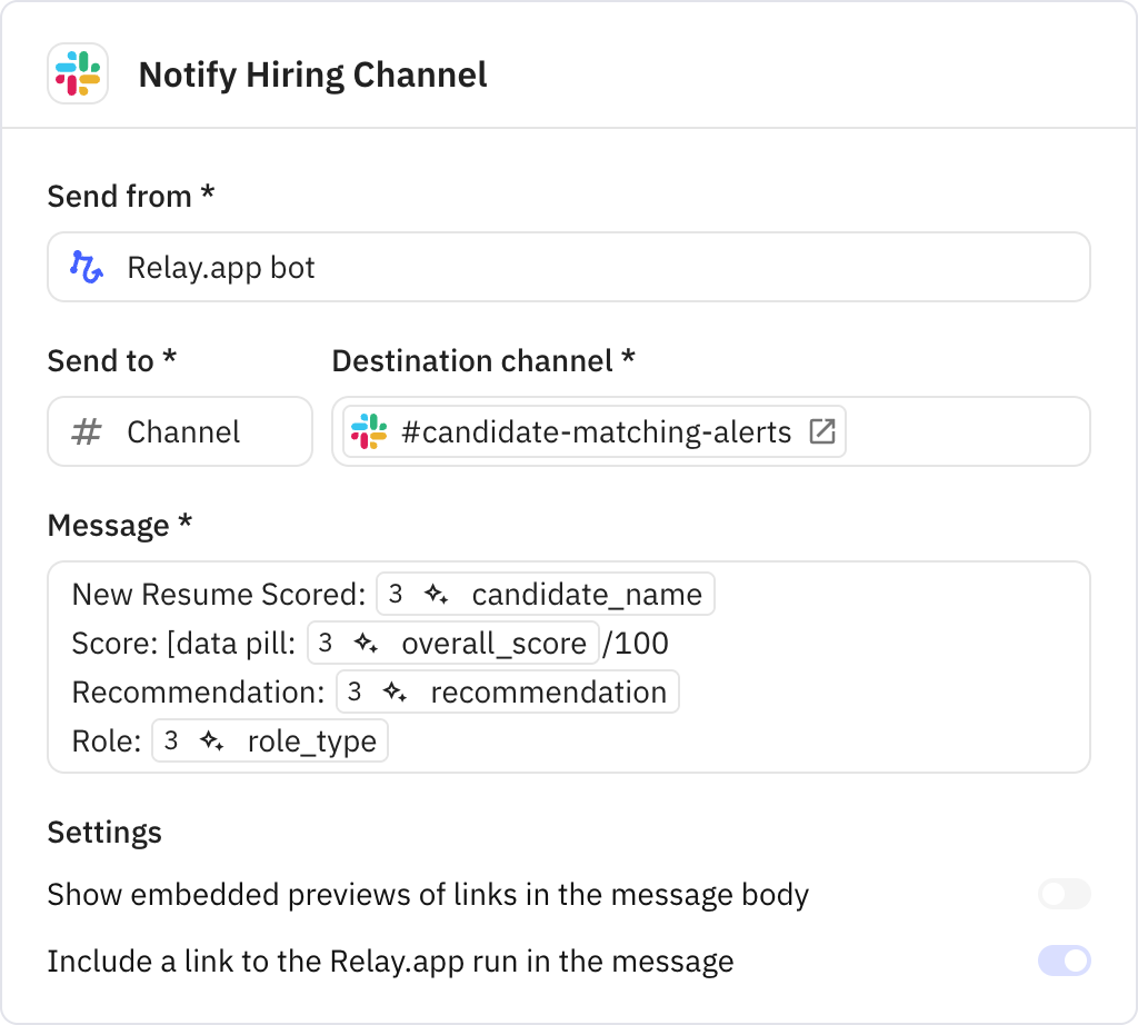 Relay.app screenshot of: Notify Hiring Channel