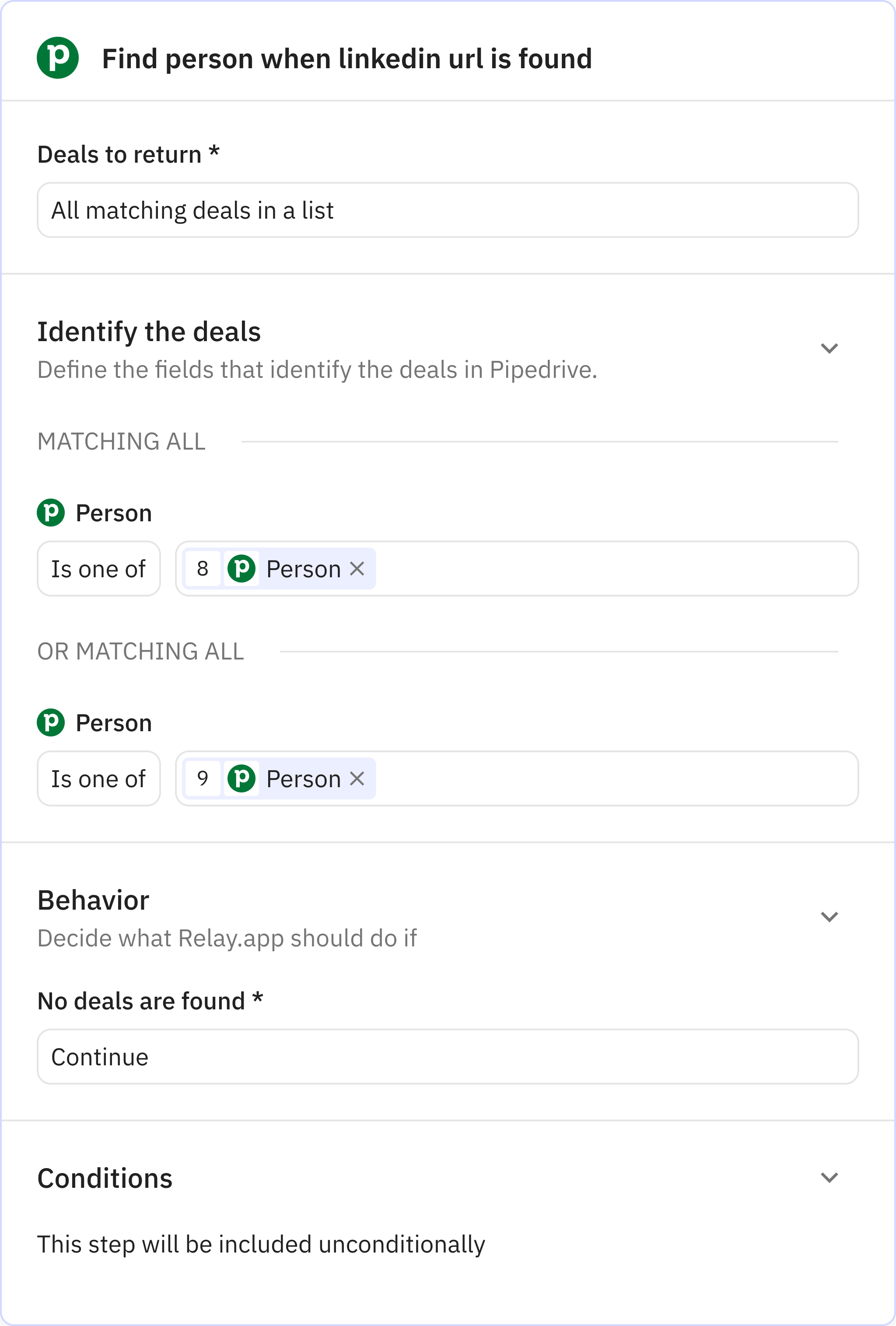 Relay.app screenshot of: Find deal(s)