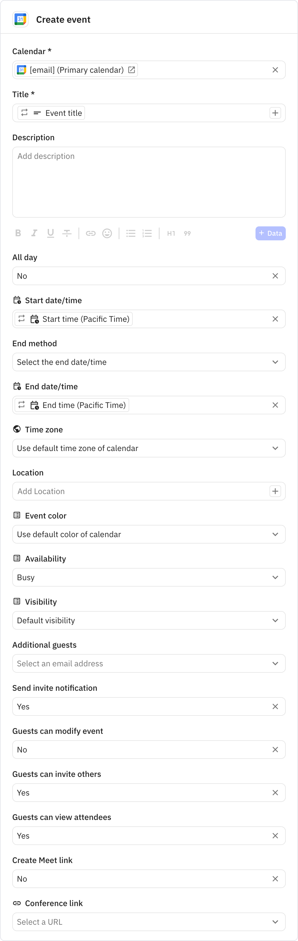 Relay.app screenshot of: Create event