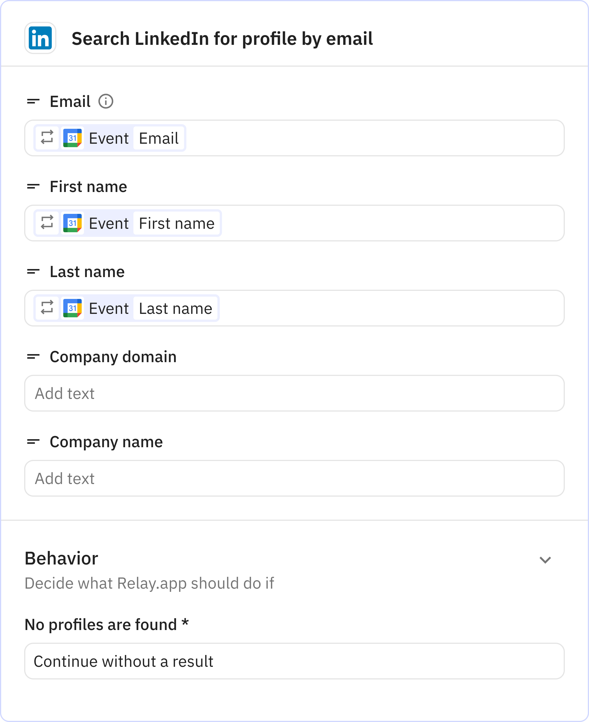 Relay.app screenshot of: Search LinkedIn for profile by email