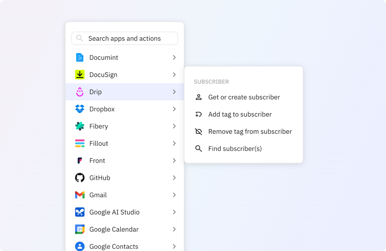 Preview of Use any of these Drip actions in your Relay.app workflows.