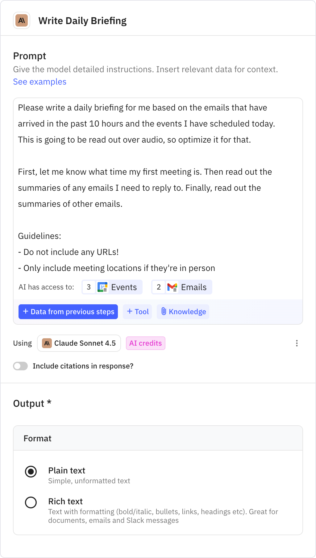 Relay.app screenshot of: Write Daily Briefing