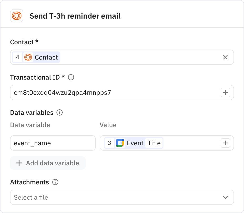 Relay.app screenshot of: Send T-3h reminder email