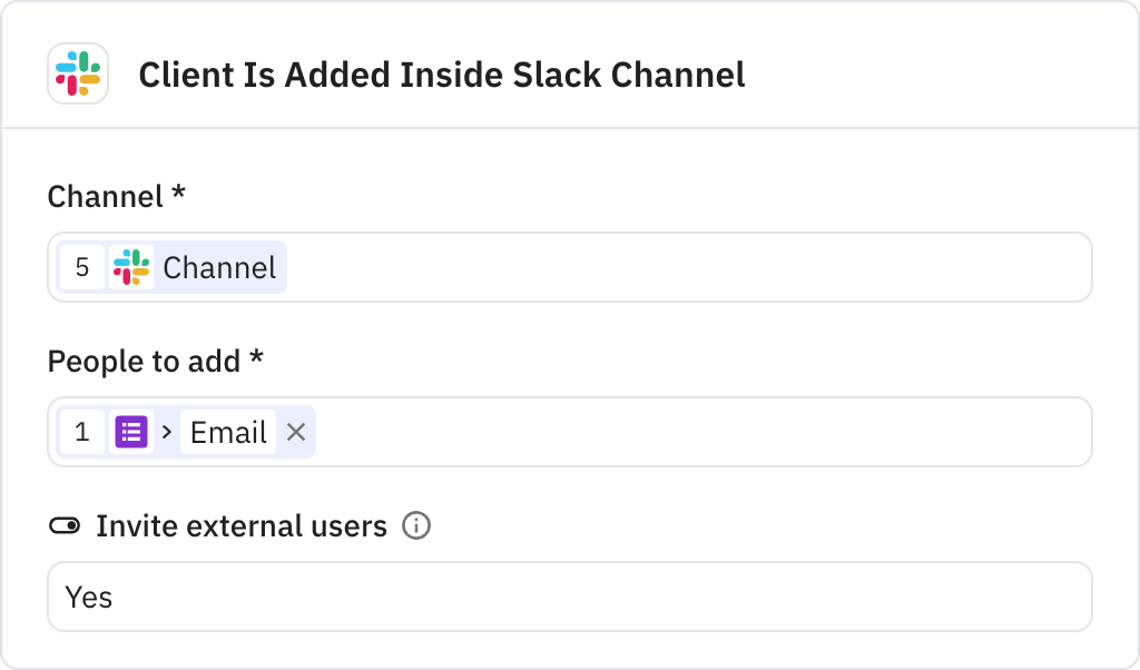 Relay.app screenshot of: Client Is Added Inside Slack Channel
