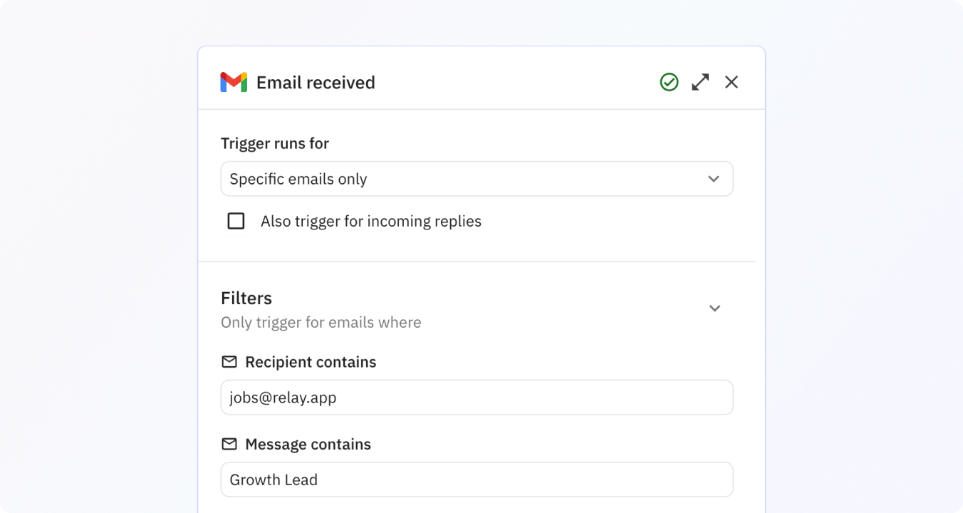 Preview of Add specific email received filters to trigger only on a subset of incoming emails.