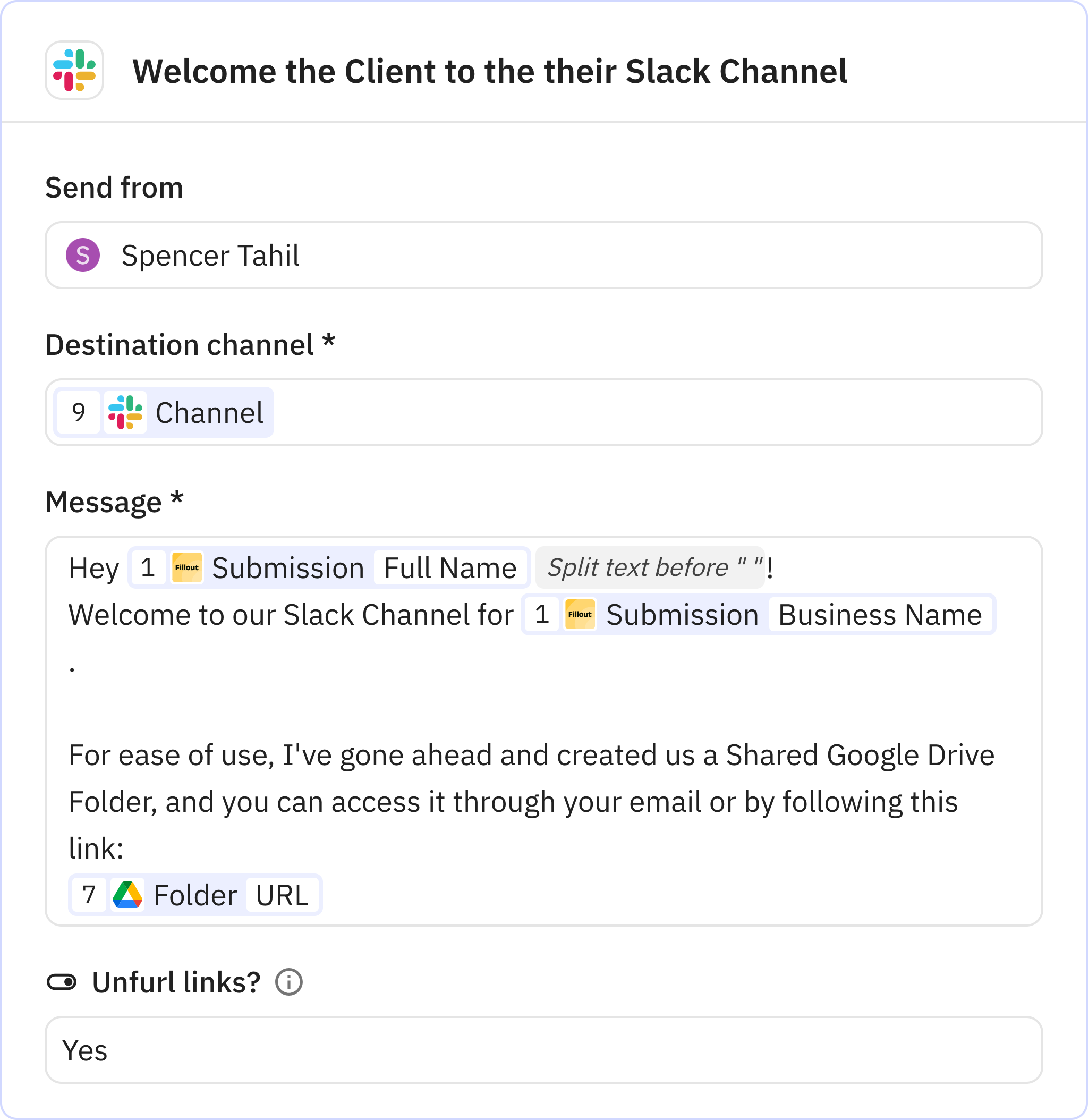 Relay.app screenshot of: Welcome the Client to the their Slack Channel