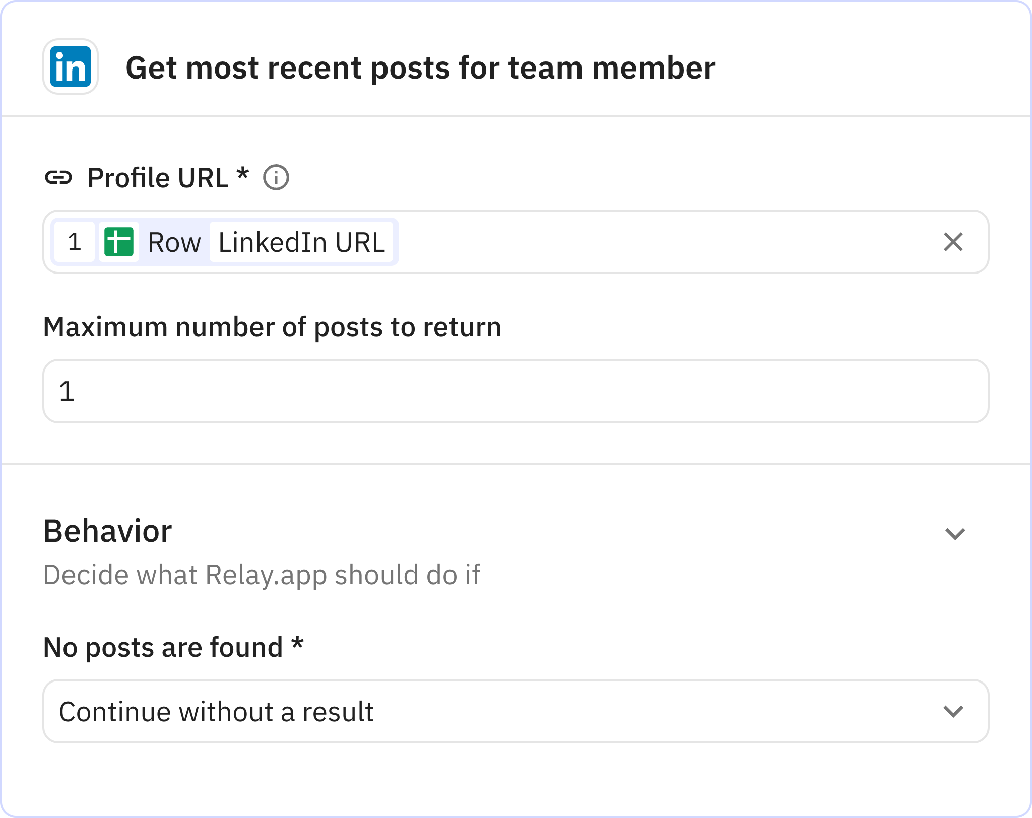 Relay.app screenshot of: Get most recent posts for team member