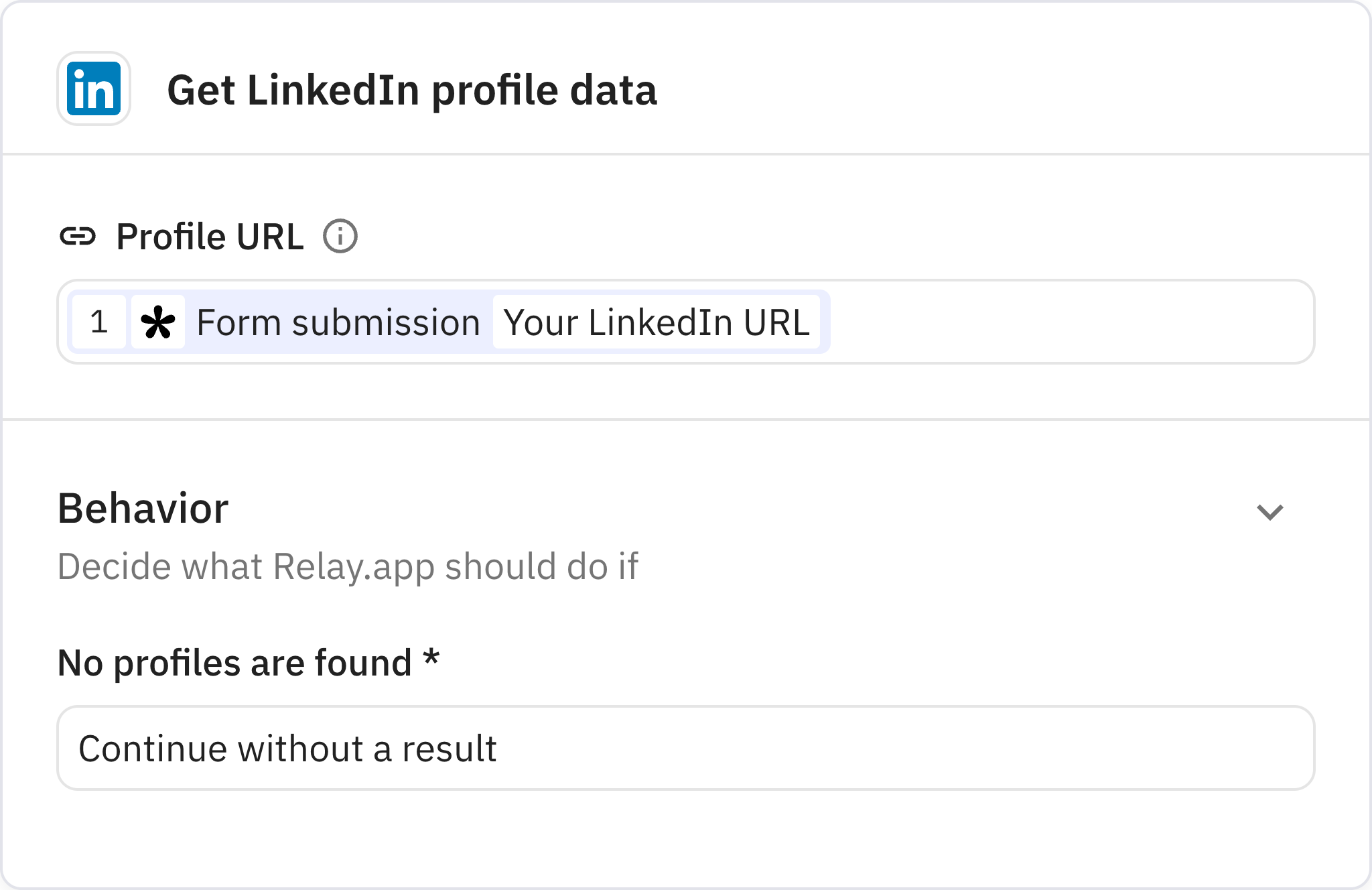 Relay.app screenshot of: Get LinkedIn profile data