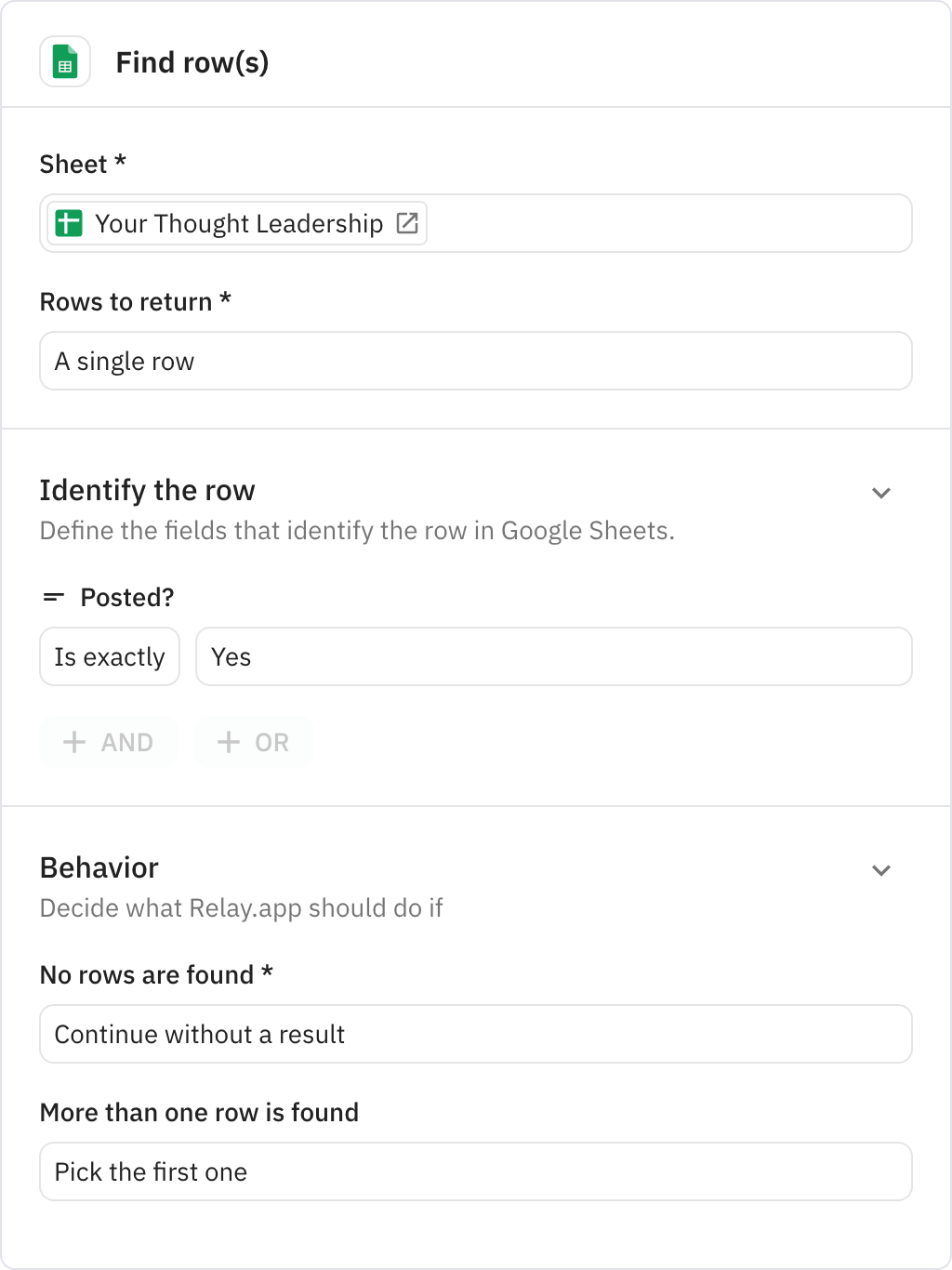 Relay.app screenshot of: Find row(s)