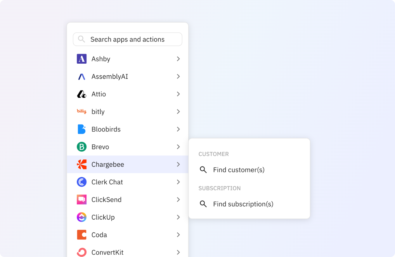 Preview of Use any of these Chargebee actions in your Relay.app workflows.