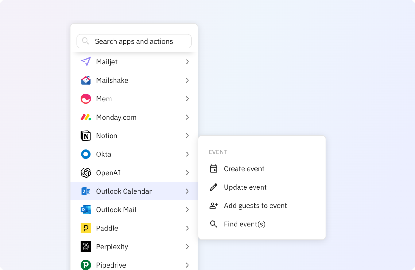 Preview of Use any of these Outlook Calendar actions in your Relay.app workflows