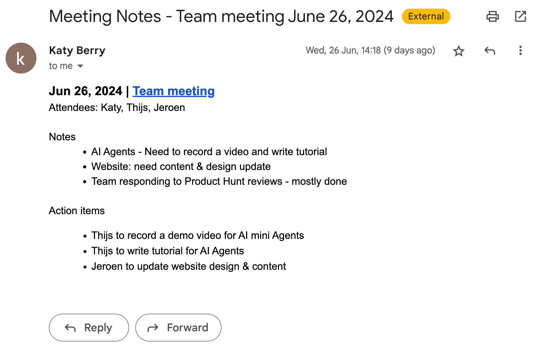 The email we use for our test run containing meeting notes