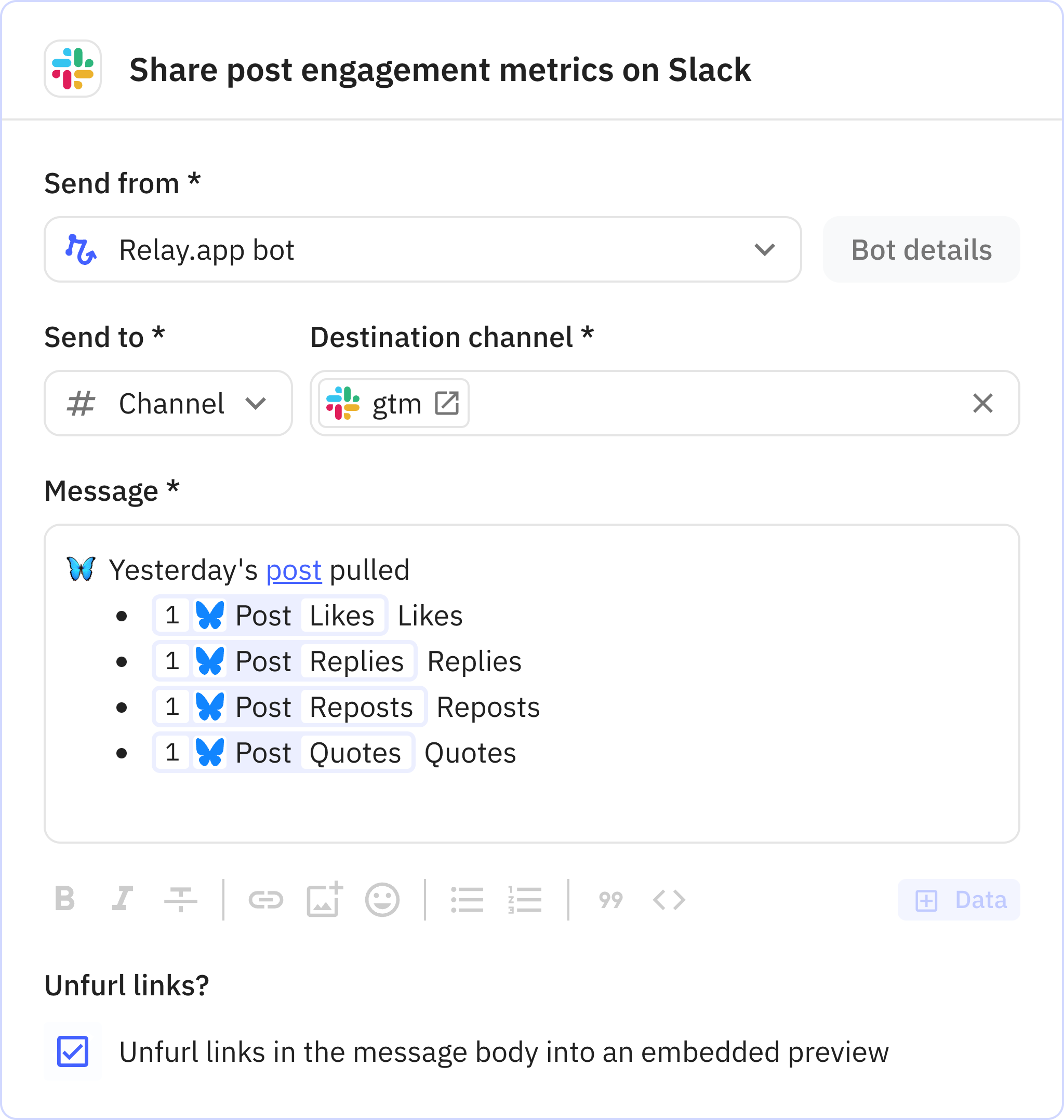 Relay.app screenshot of: Share post engagement metrics on Slack
