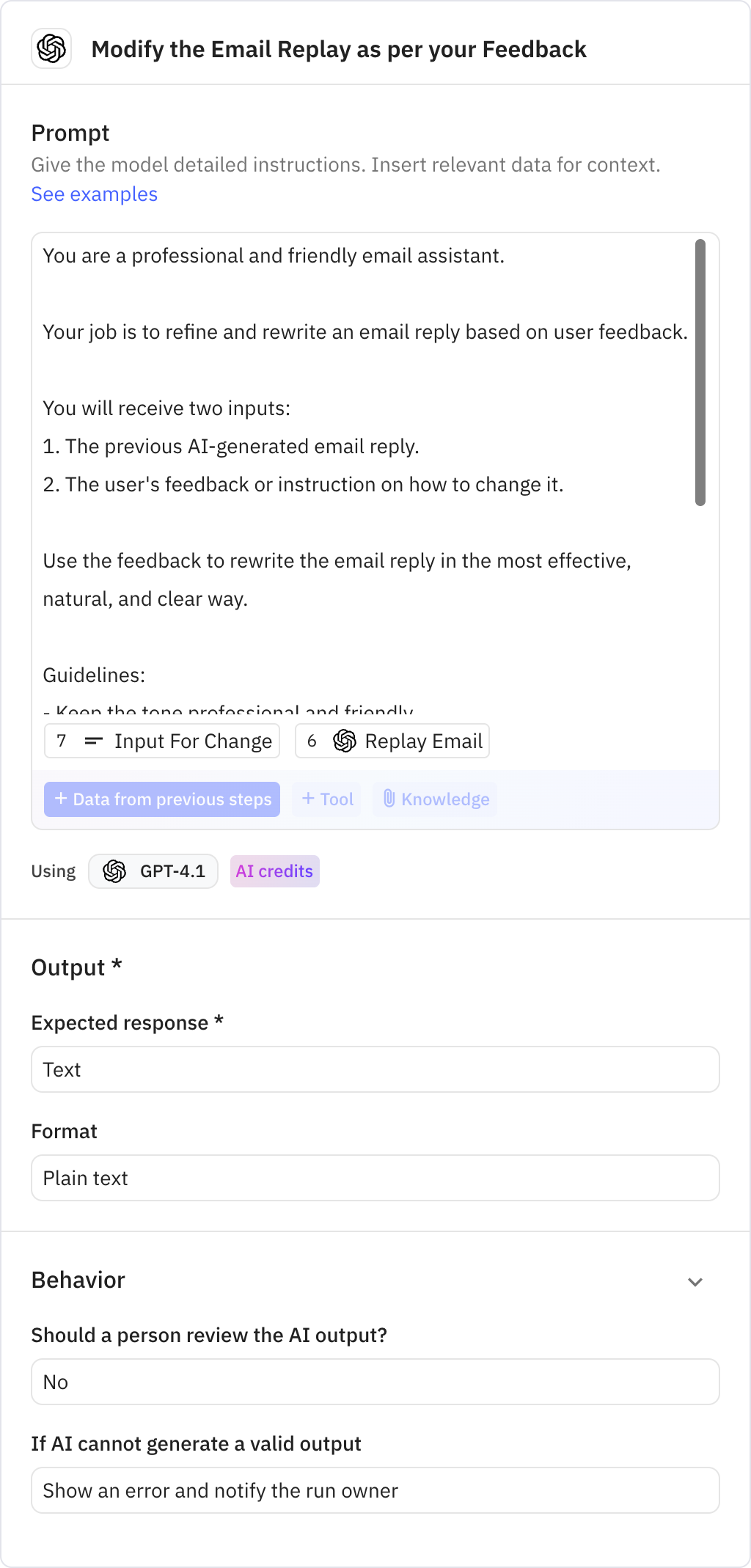 Relay.app screenshot of: Modify the Email Replay as per your Feedback