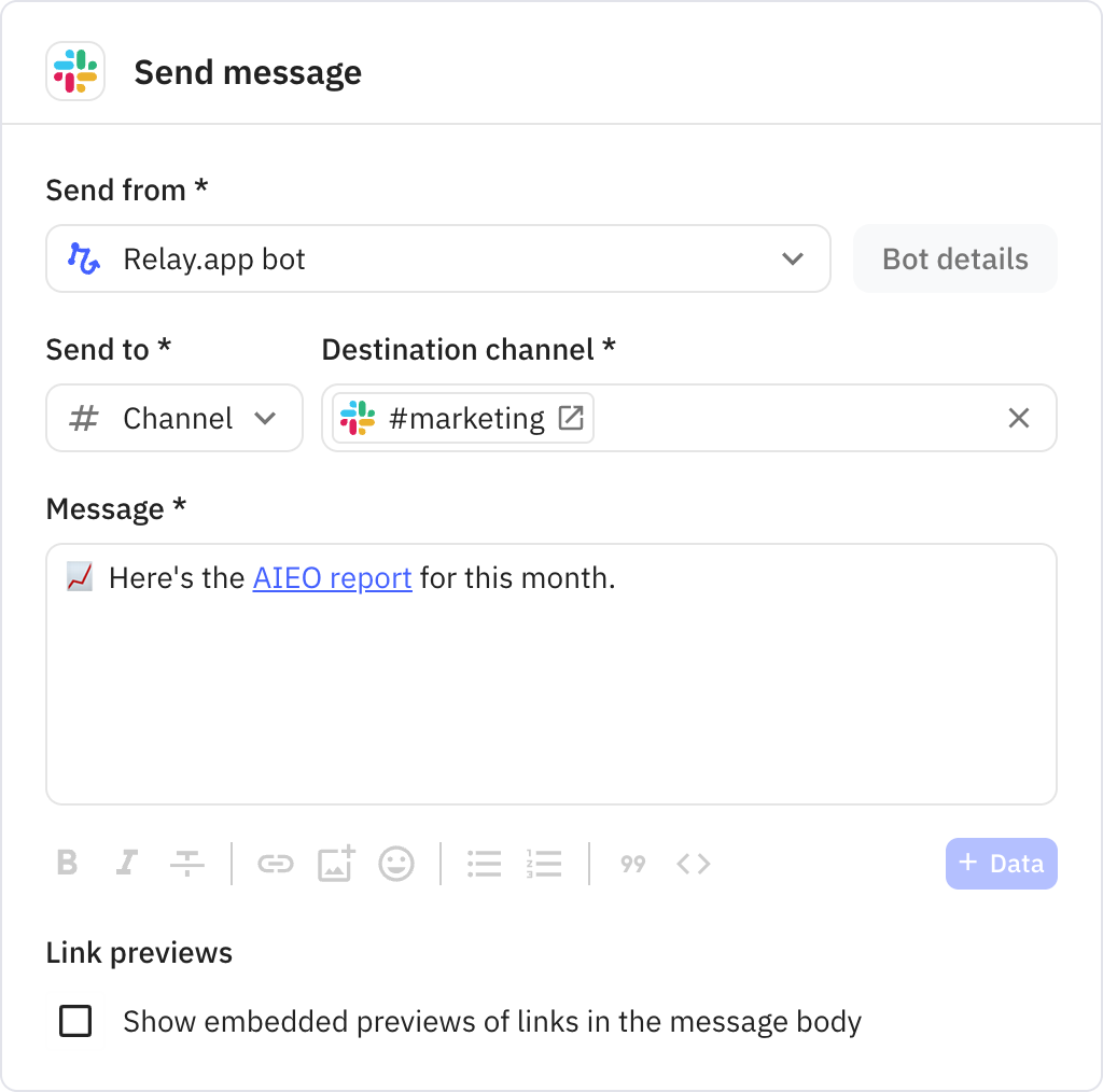 Relay.app screenshot of: Send message