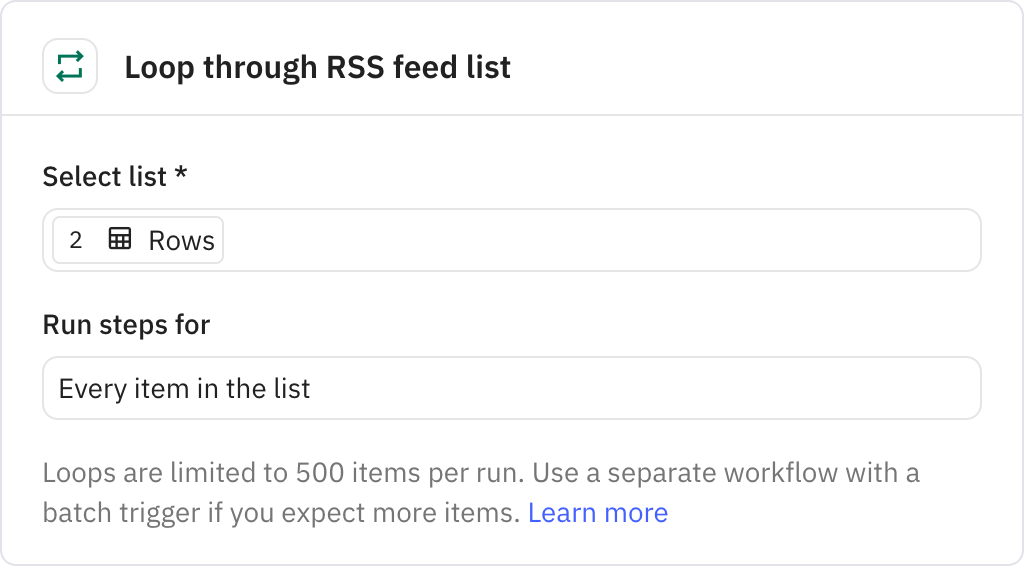 Relay.app screenshot of: Loop through RSS feed list
