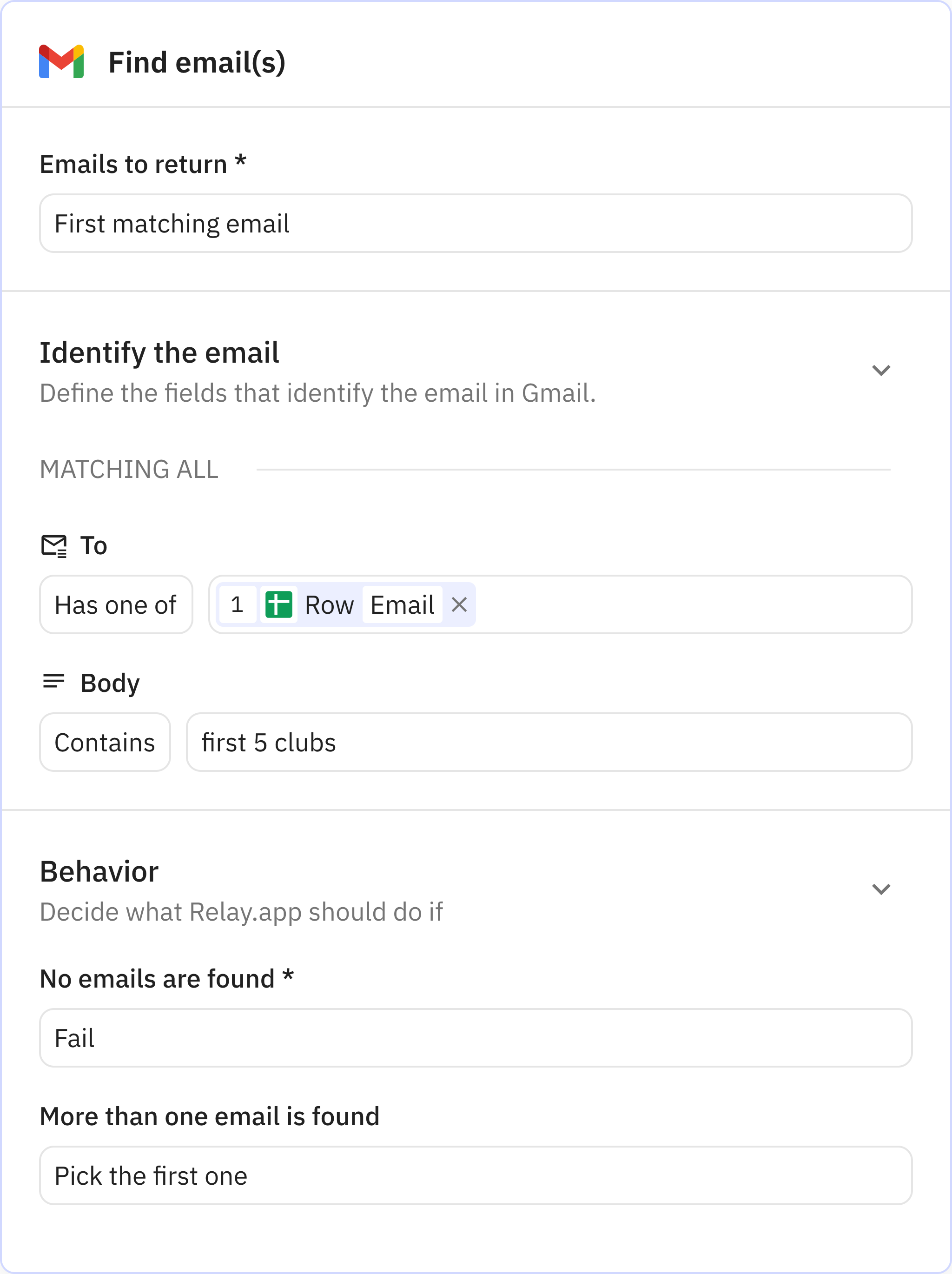 Relay.app screenshot of: Find email(s)
