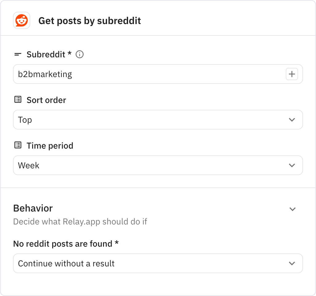 Relay.app screenshot of: Get posts by subreddit