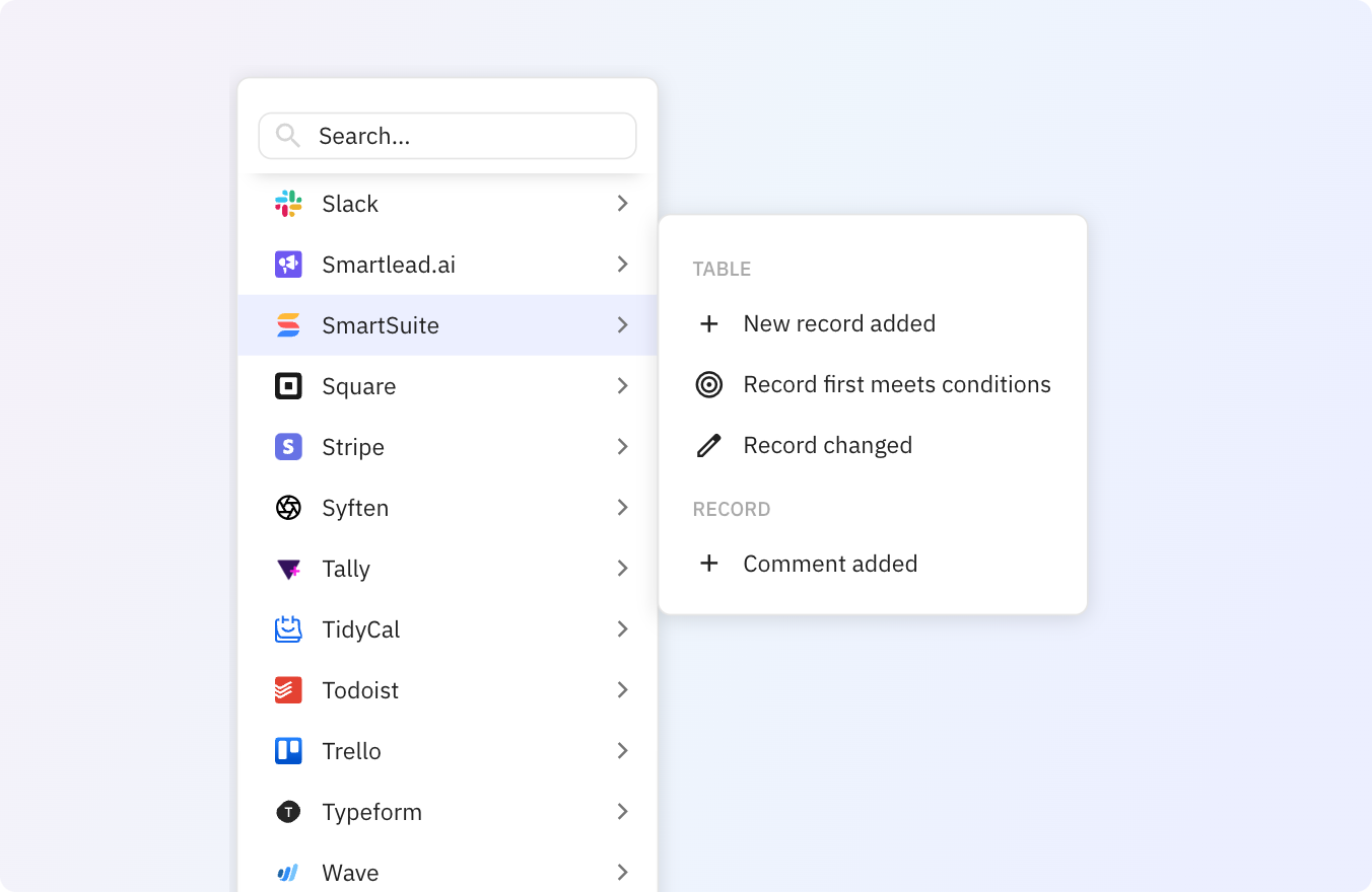 Preview of Use Relay.app's SmartSuite integrations to trigger actions across your apps