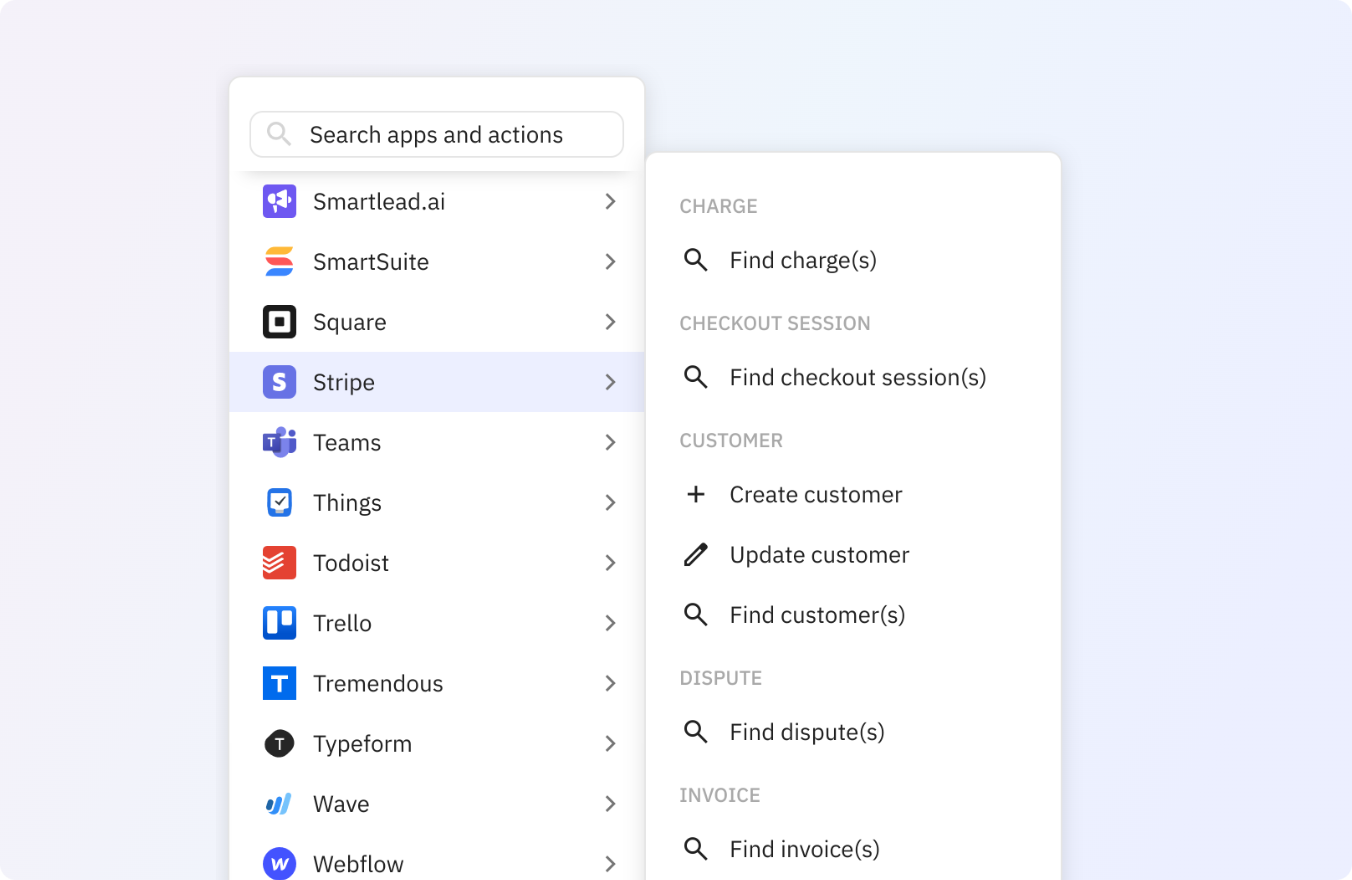 Preview of Use any of these Stripe actions in your Relay.app workflows.