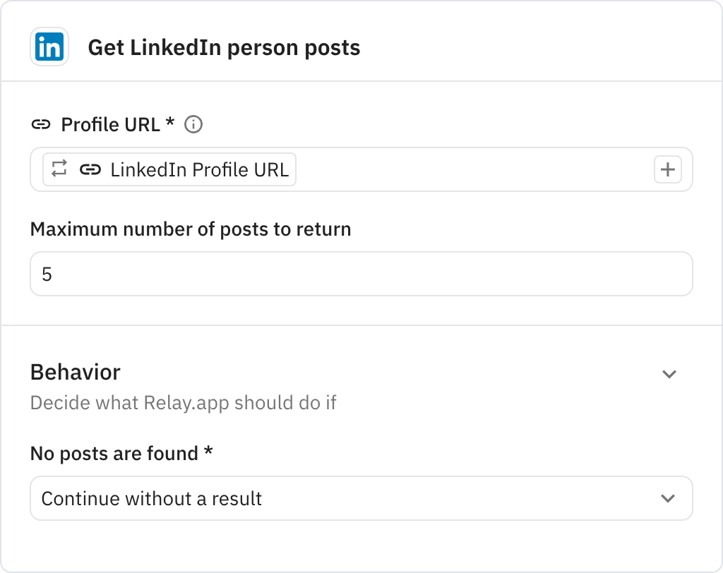 Relay.app screenshot of: Get LinkedIn person posts