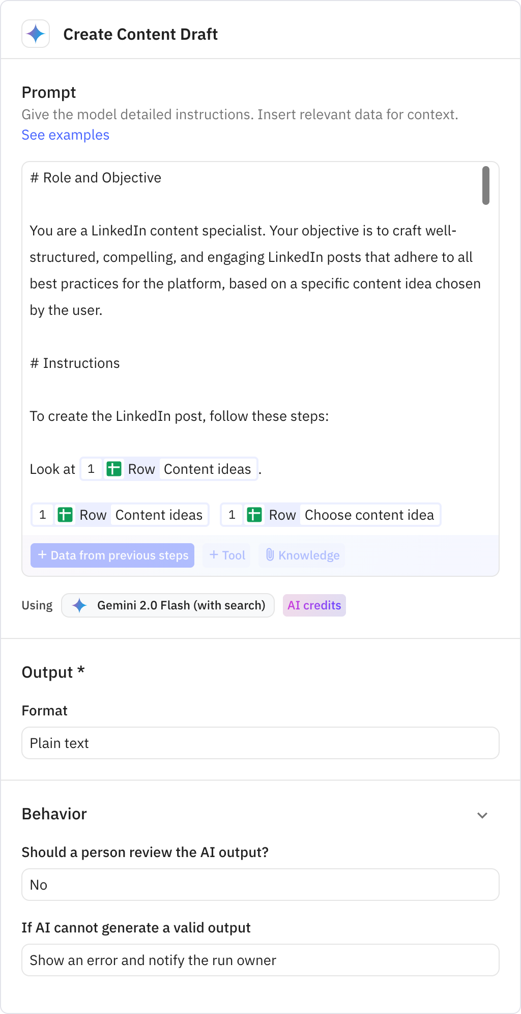 Relay.app screenshot of: Create Content Draft