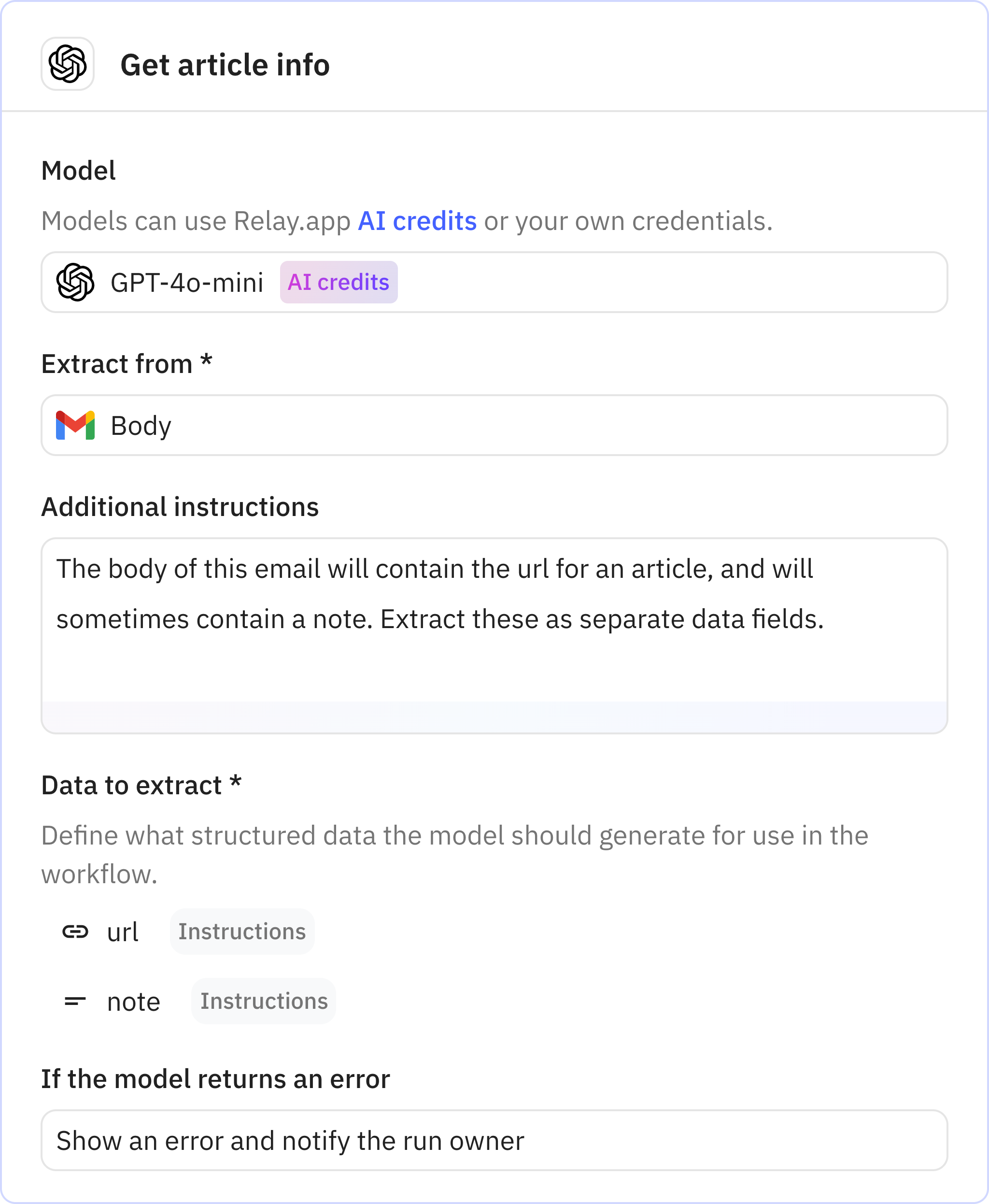 Relay.app screenshot of: Get article info