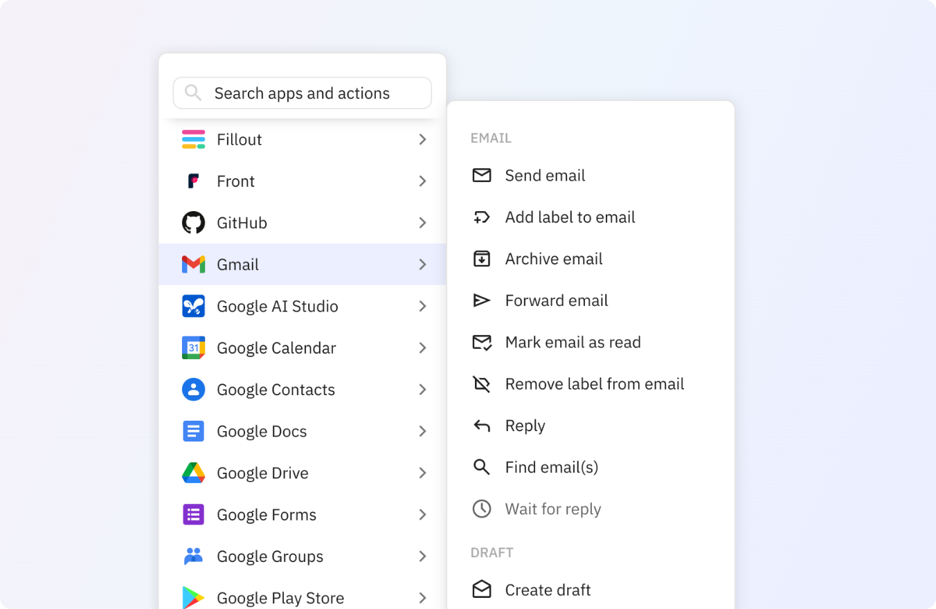 Preview of An overview of possible Gmail actions in Relay.app.