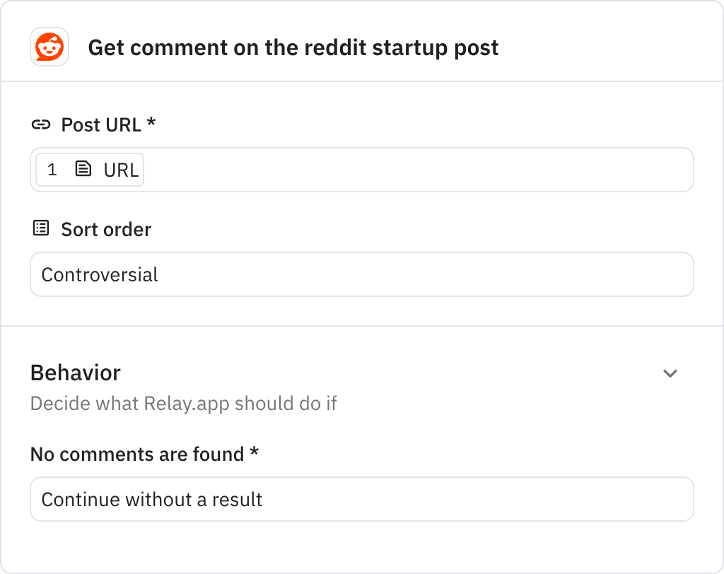 Relay.app screenshot of: Get comment on the reddit startup post