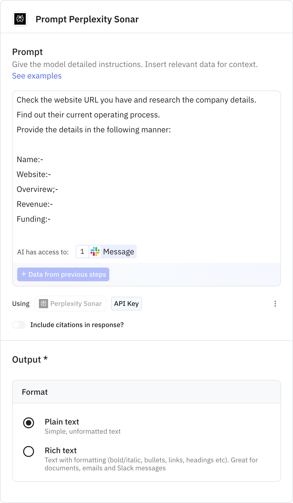 Relay.app screenshot of: Prompt Perplexity Sonar