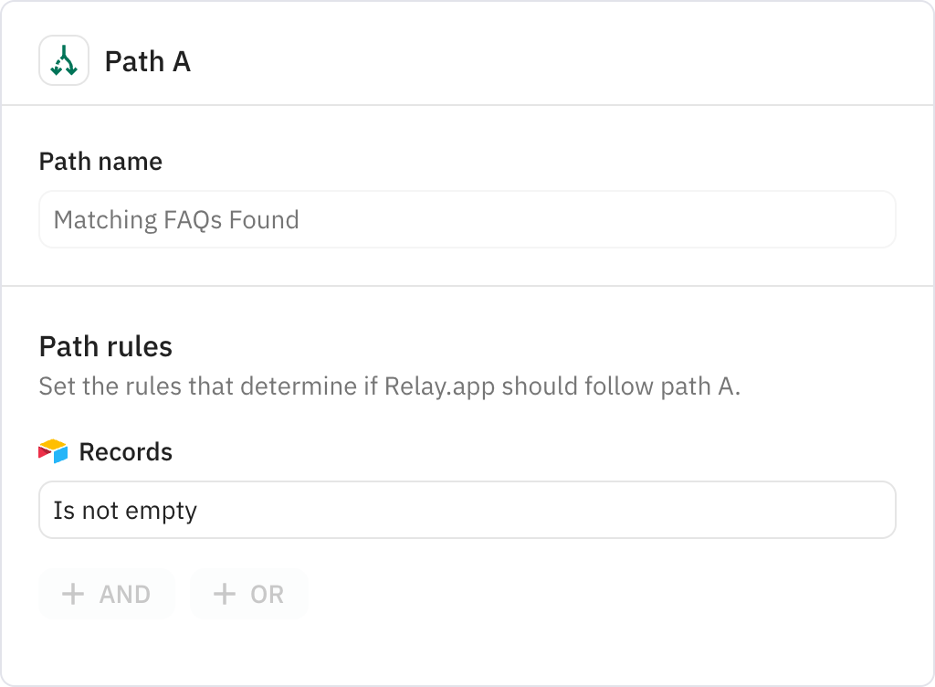 Relay.app screenshot of: Matching FAQs Found