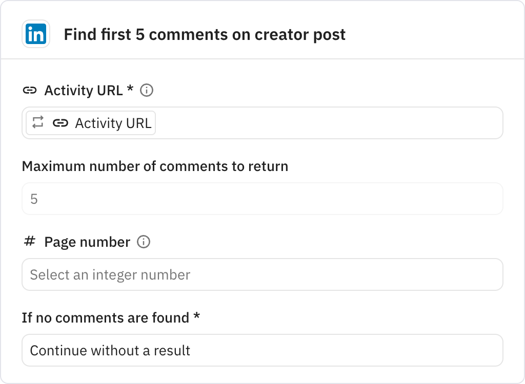 Relay.app screenshot of: Find first 5 comments on creator post