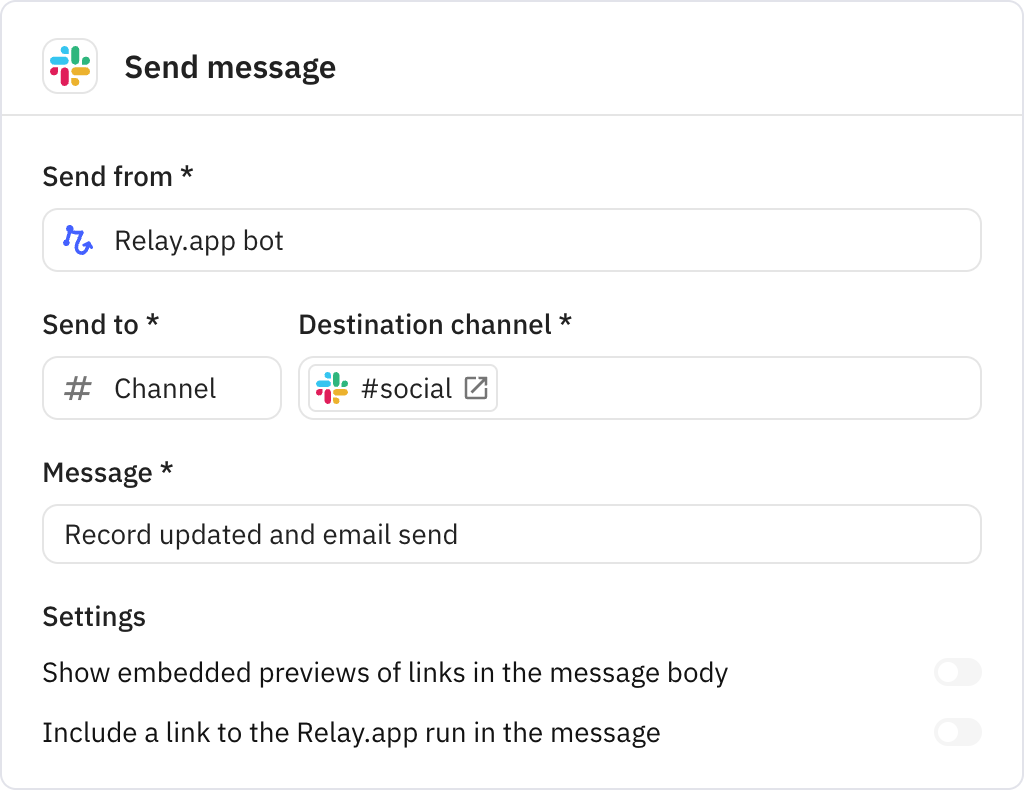 Relay.app screenshot of: Send message