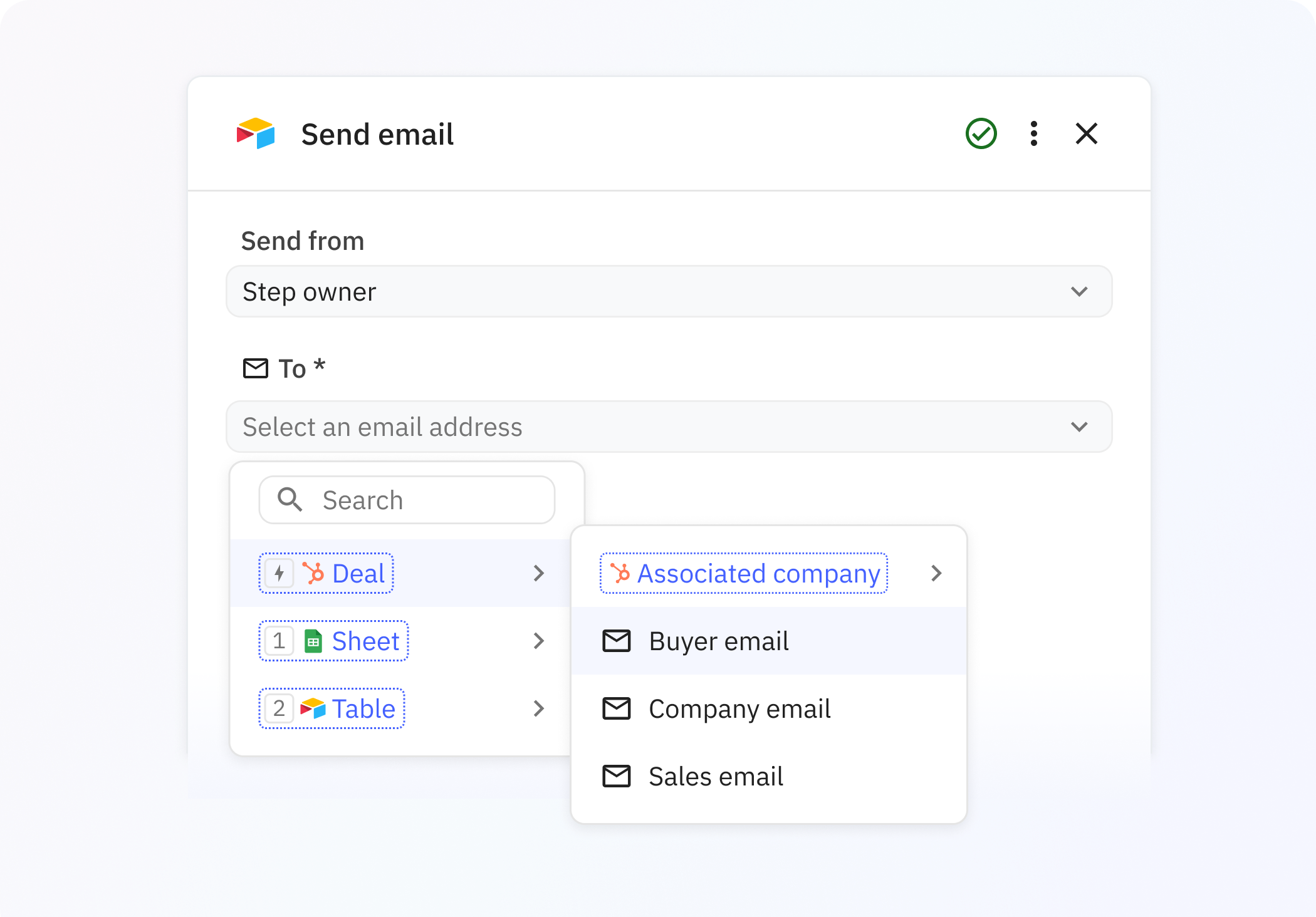Screenshot of Relay.app showing how to send an email the buyer associated with a specific deal in Hubspot